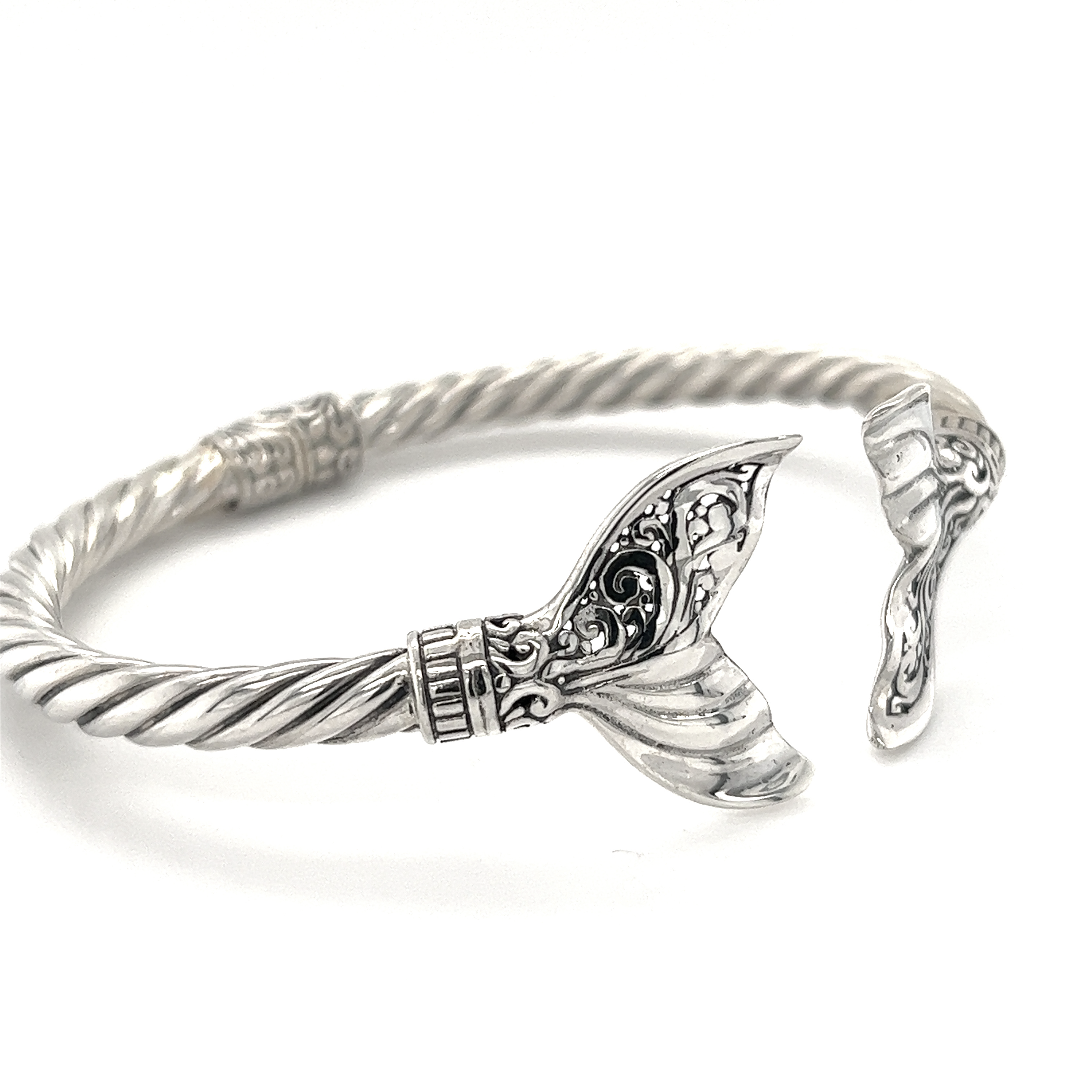 Super Silver Majestic Half Filigree Whale Tail Cuff Bracelet.