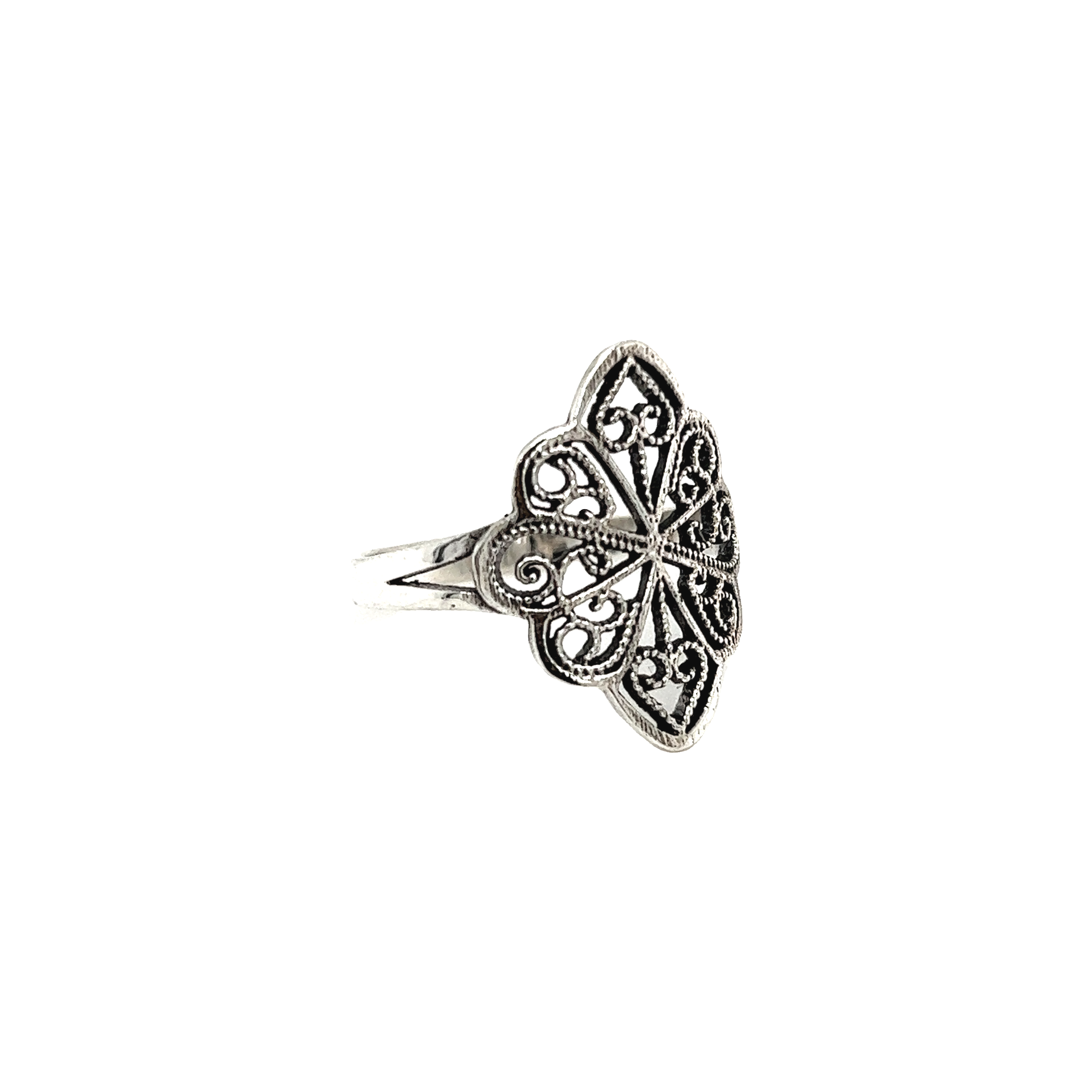 A Super Silver vintage style Silver Filigree Shield Ring with a delicate filigree design.