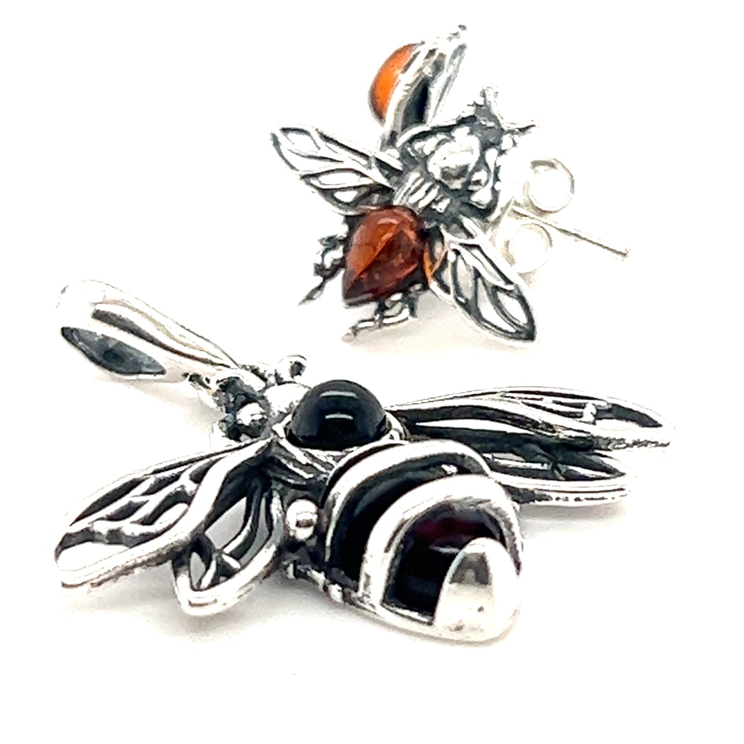 
                  
                    A pair of Super Silver .925 sterling silver earrings adorned with a Charming Amber Bee Pendant.
                  
                