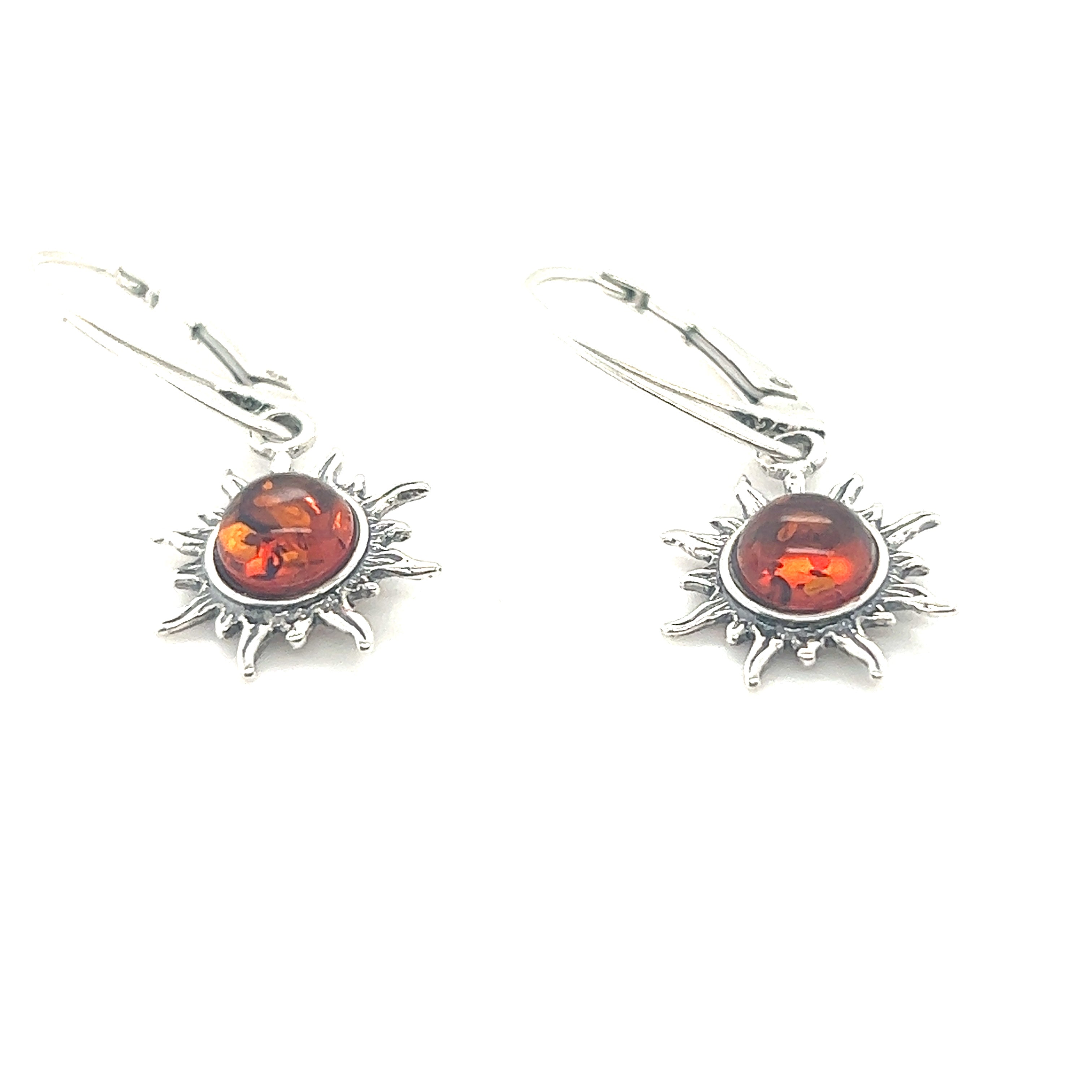 A pair of Brilliant Baltic Amber Sun Earrings by Super Silver.
