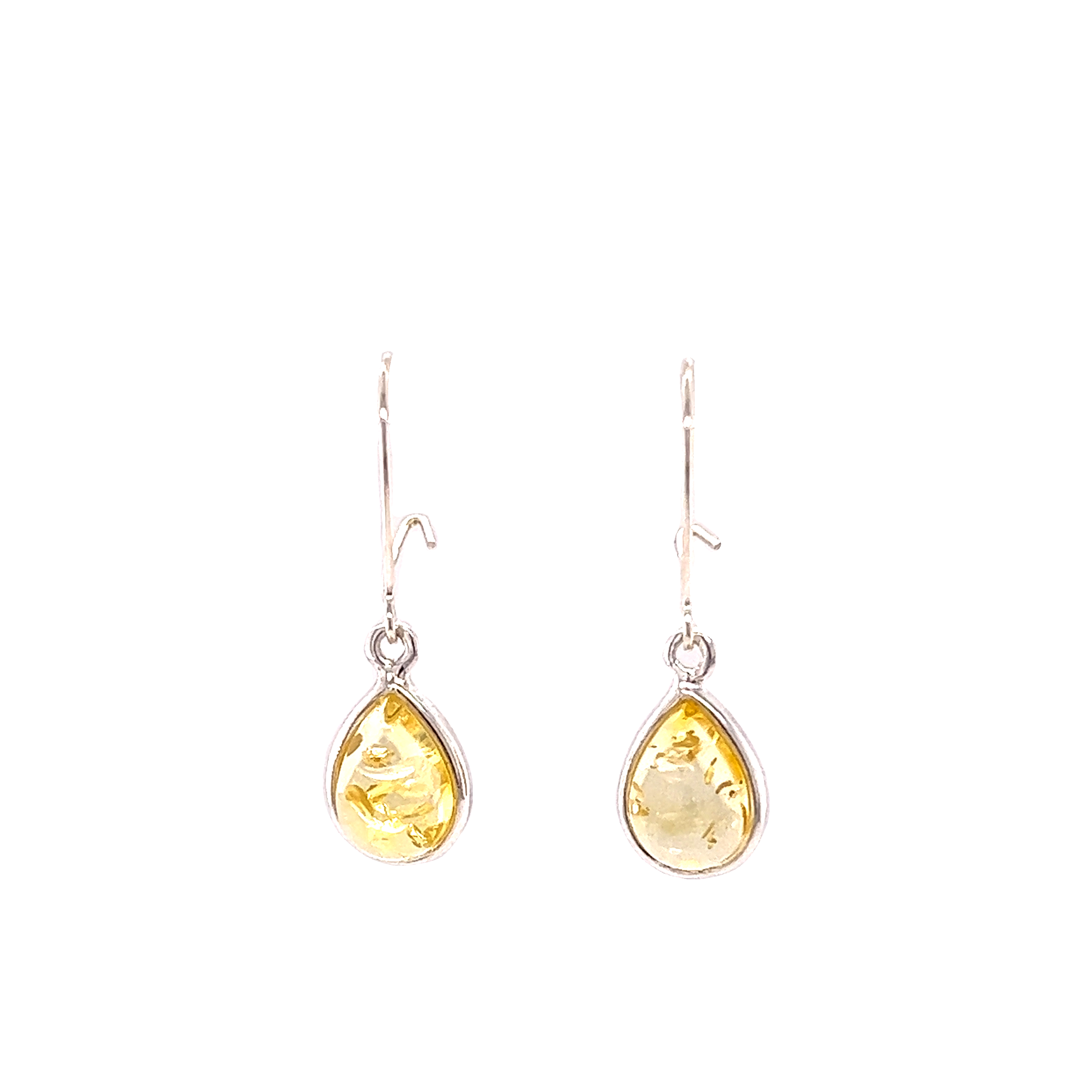 A pair of Charming Baltic Amber Teardrop Earrings by Super Silver with a yellow citrine stone.