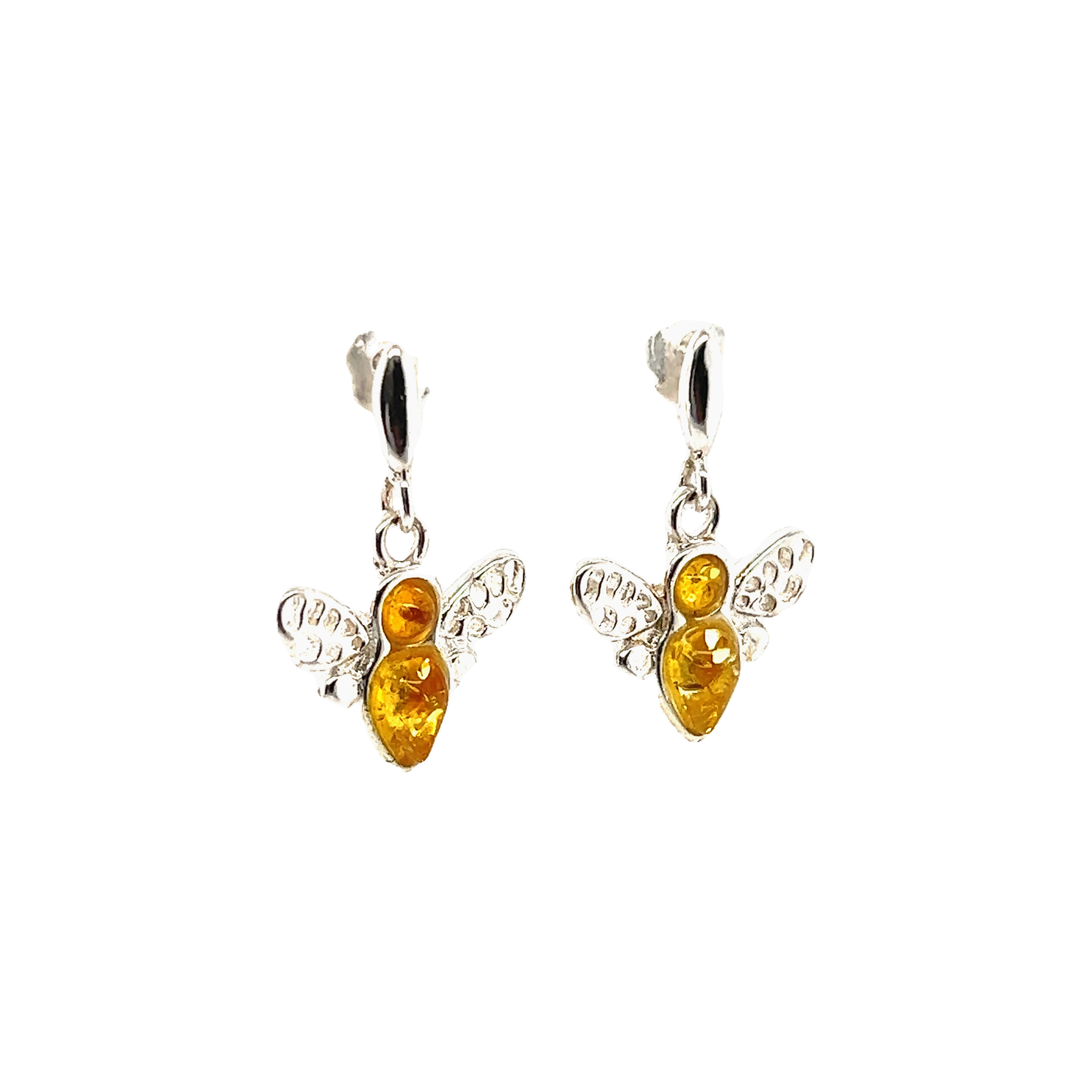A pair of Cute Amber Bee Earrings by Super Silver on a white background.