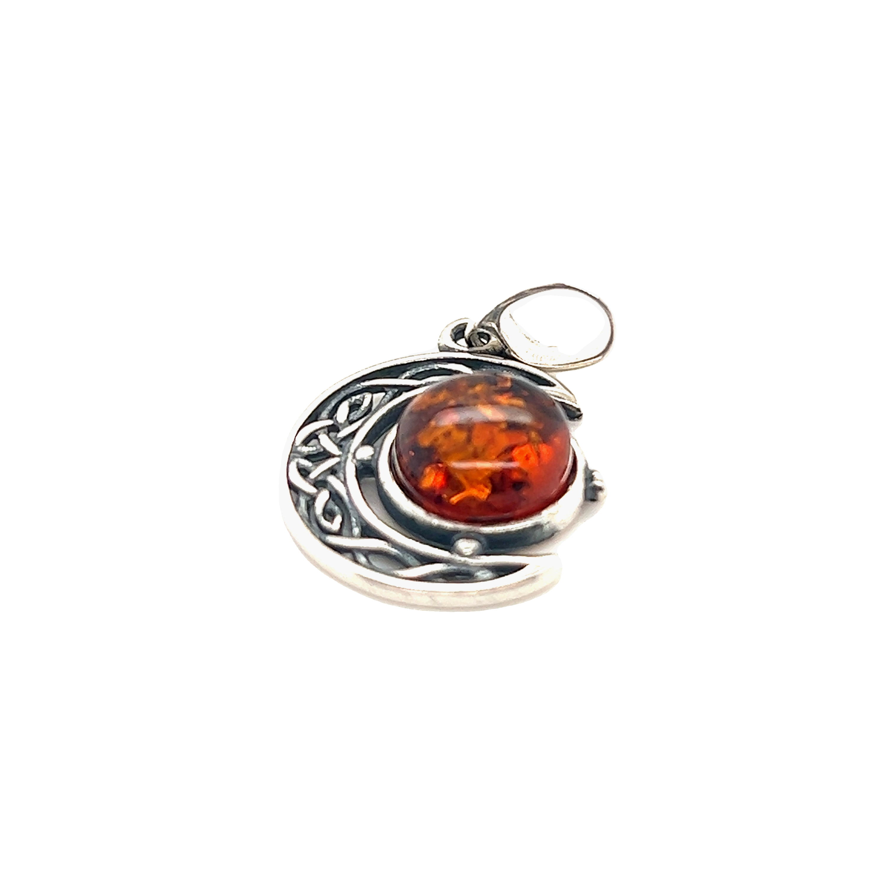 This Super Silver Celtic Amber Crescent Moon Pendant features a captivating Baltic amber stone, complemented by exquisite Celtic art.