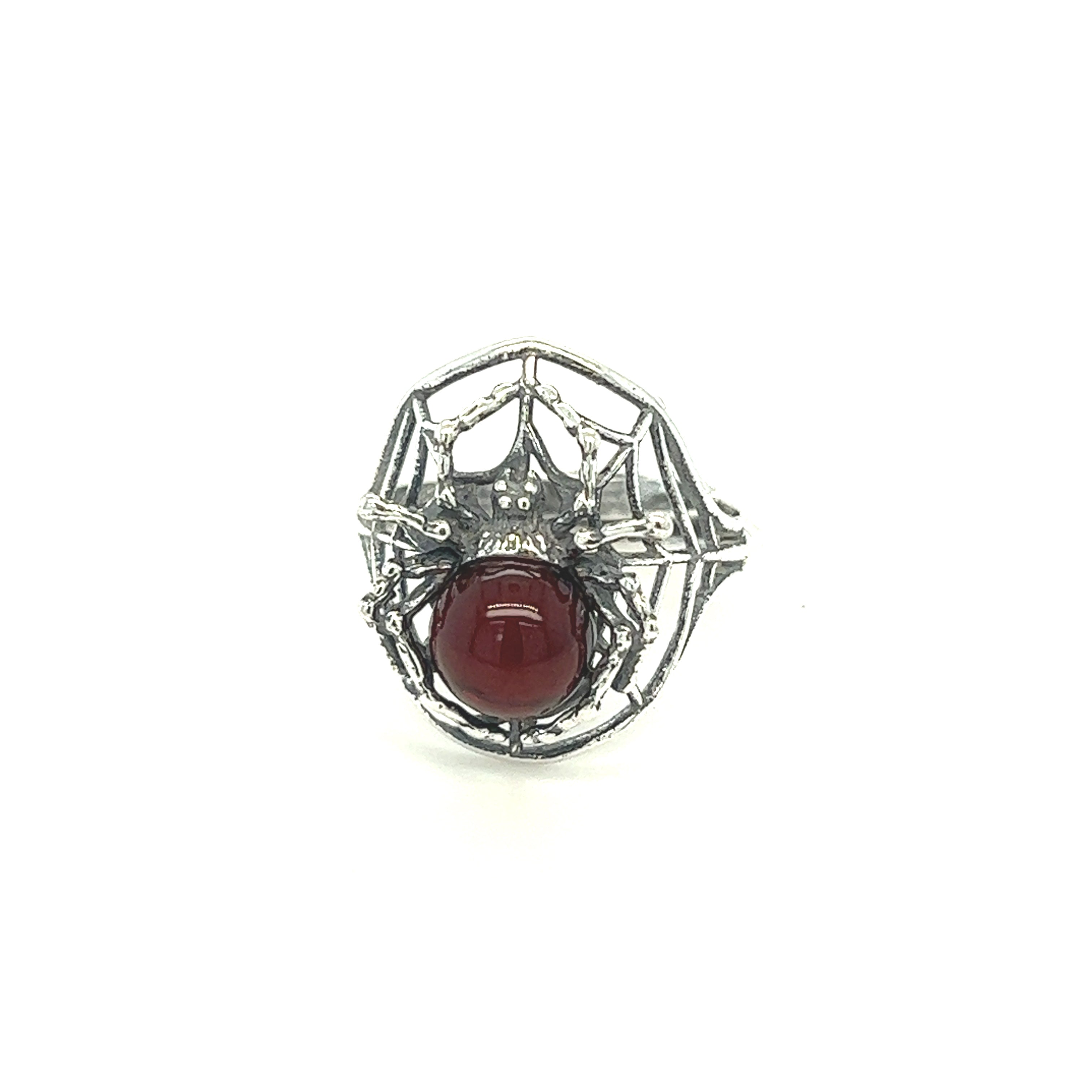 Entrancing Adjustable Baltic Amber Spider Ring featuring a spider web design with a Baltic amber gem at the center, resembling a spider, against a white background.