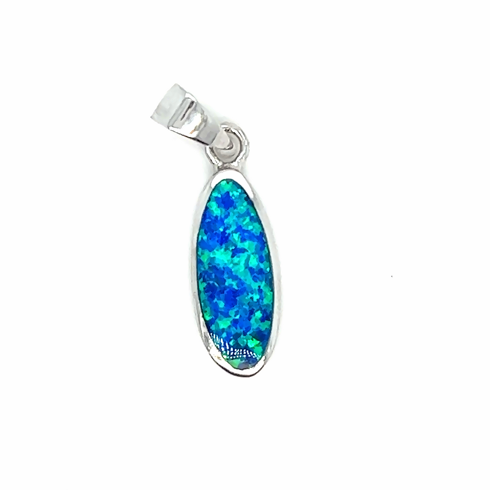 A Super Silver Blue Opal Oval Pendant with a rhodium finish on a white background.
