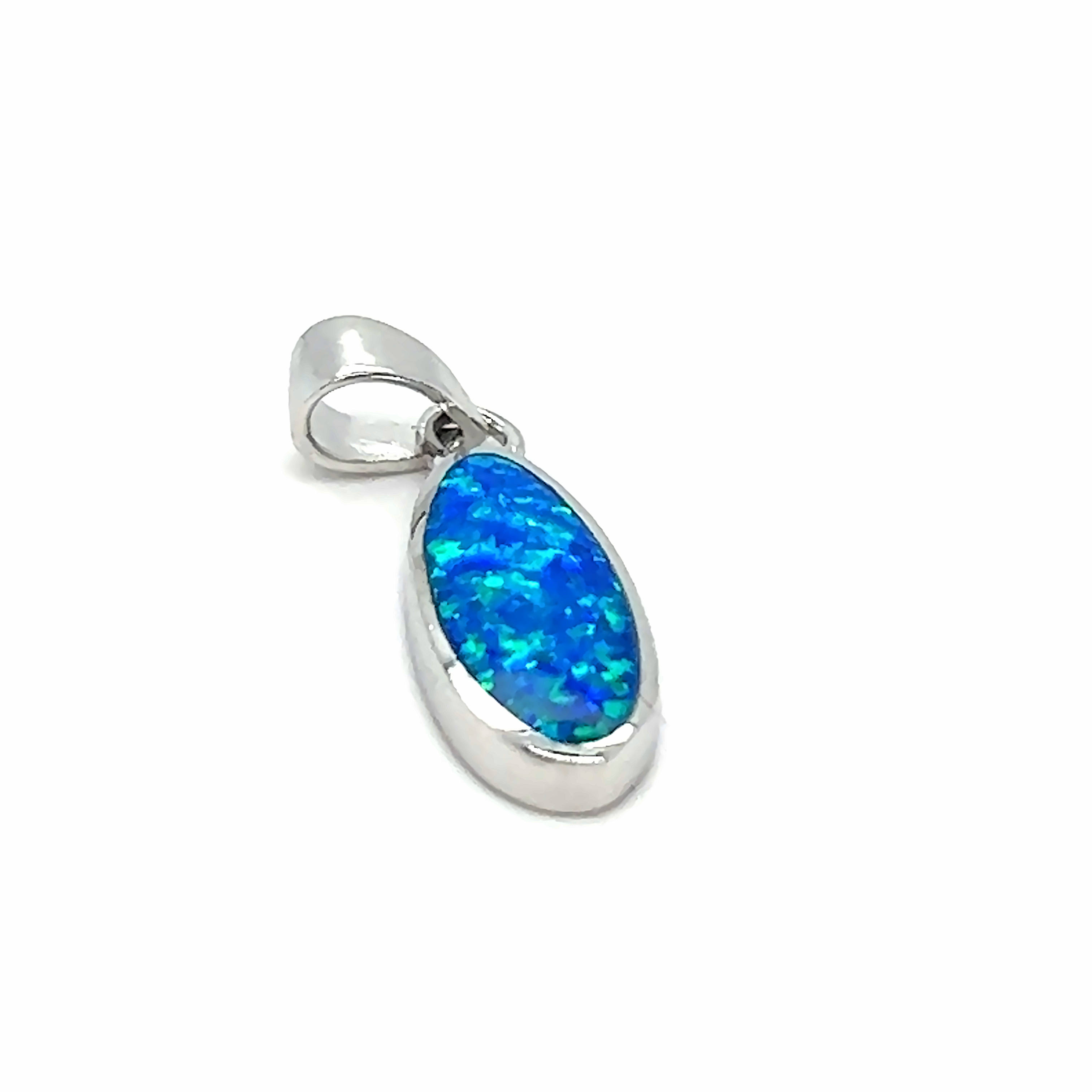 A Super Silver Blue Opal Oval Pendant with a rhodium finish on a white background.