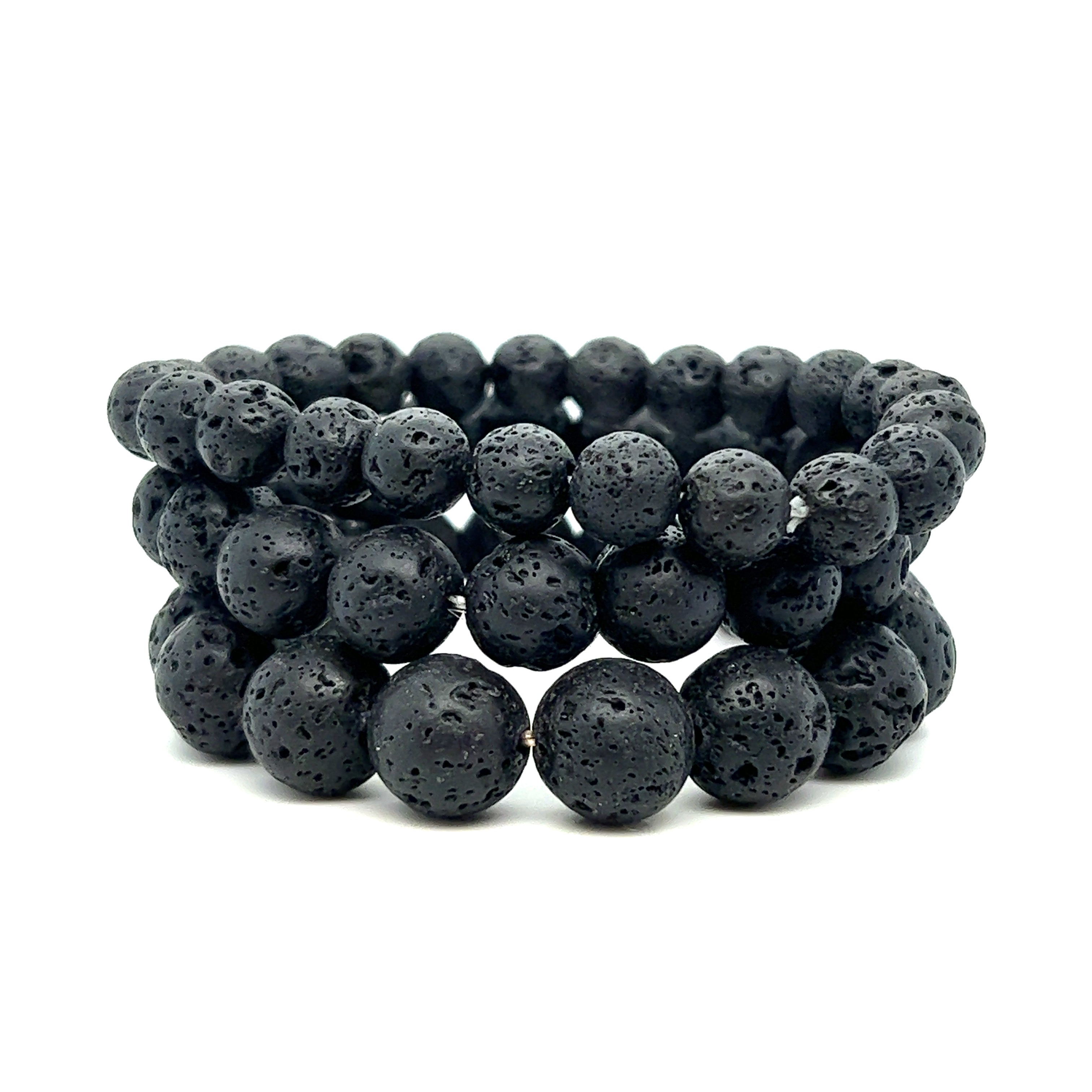 Three Essential Oil Bracelets with Lava Rock Beads, the perfect grounding stone accessories, showcased on a serene white background. (Brand: Super Silver)