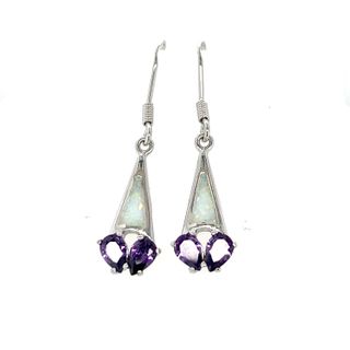 Super Silver Created Opal Earrings with Purple Cubic Zirconia dangles.