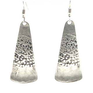 A pair of Super Silver Triangular Boho Statement Earrings with a textured design made of Zamak.