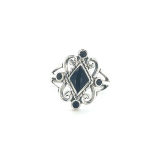 A Victorian-style sterling silver inlay ring with a black stone.