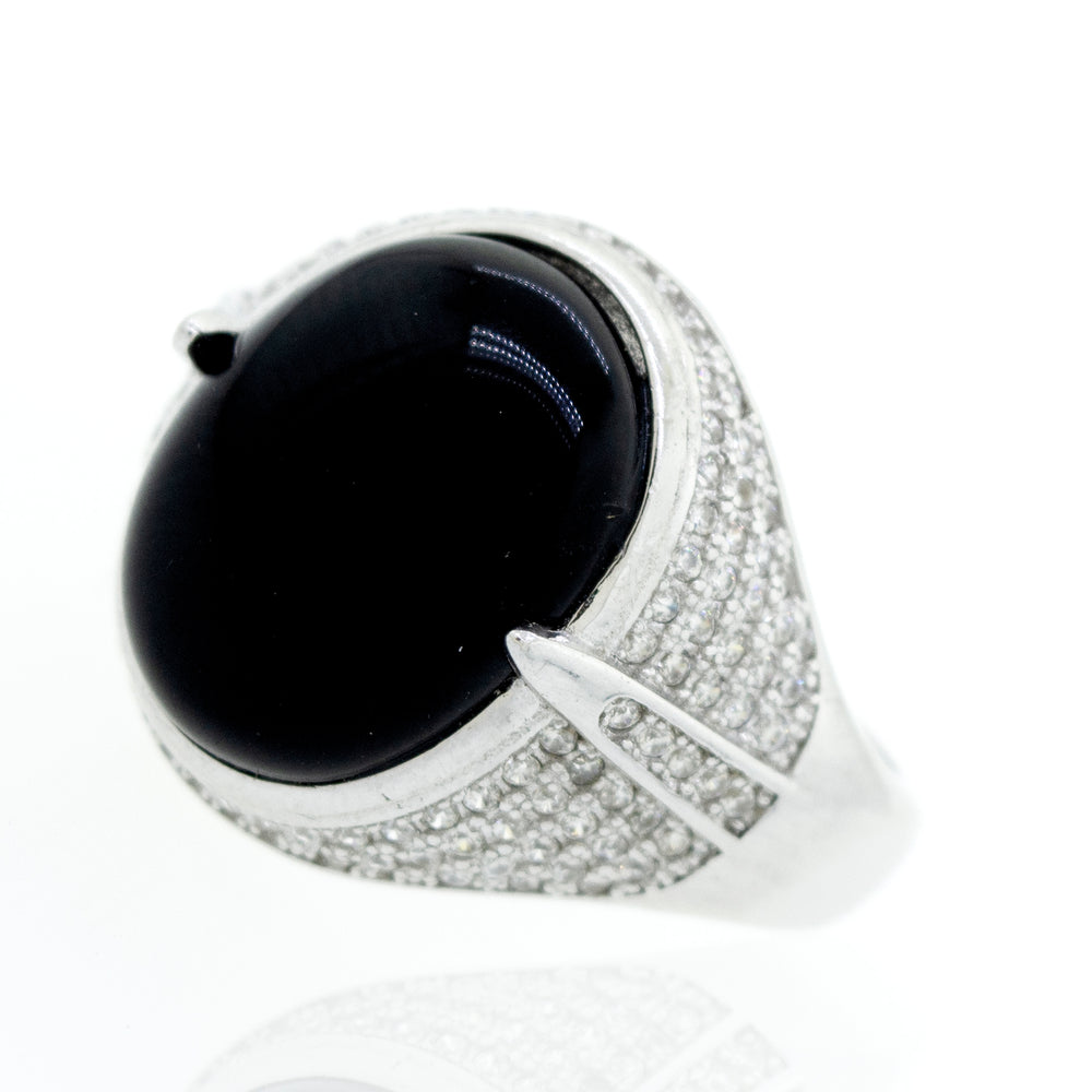 An elegant onyx and cubic zirconia ring.