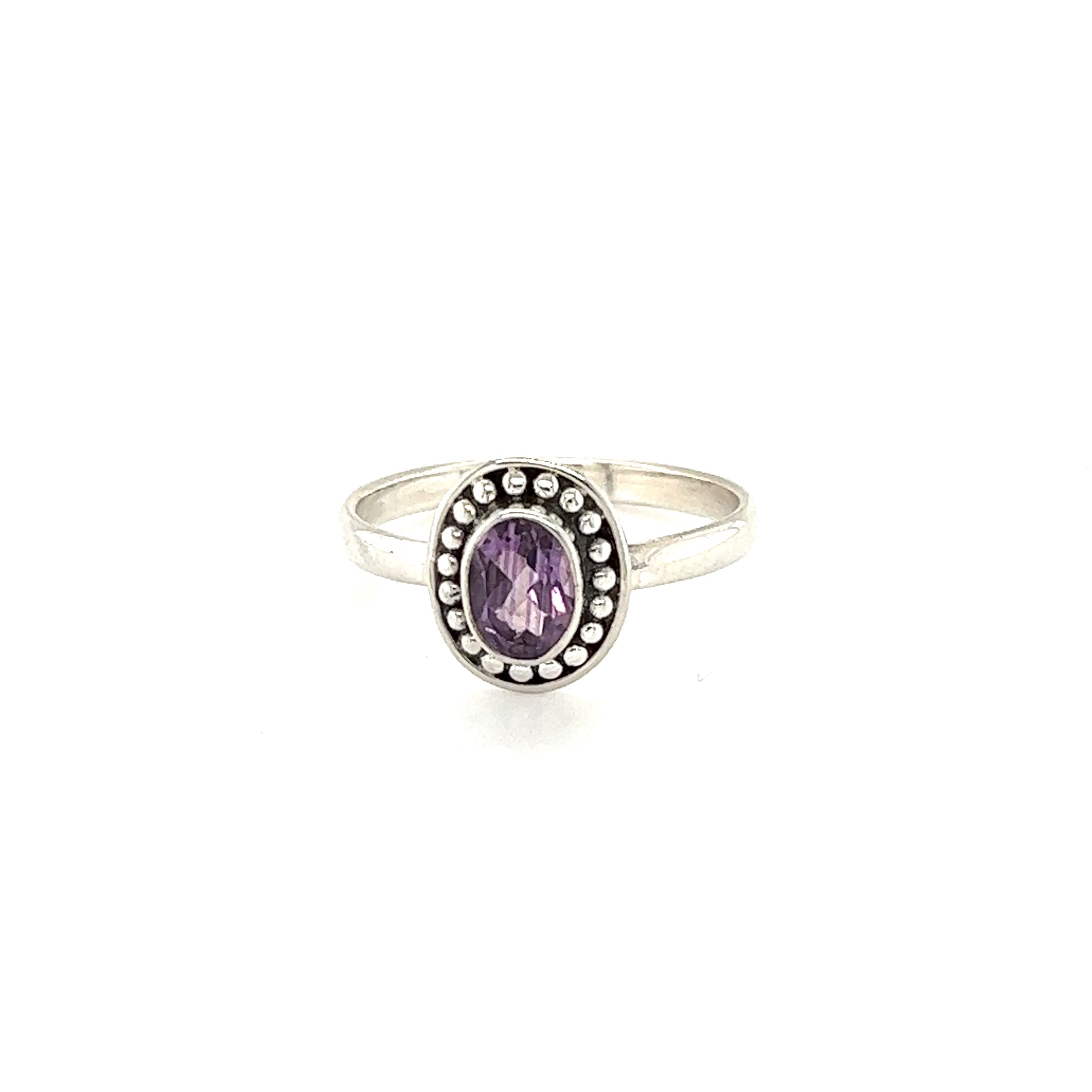 Oval Gemstone Ring with Ball Disk Border in sterling silver, perfect for the hippie at heart.