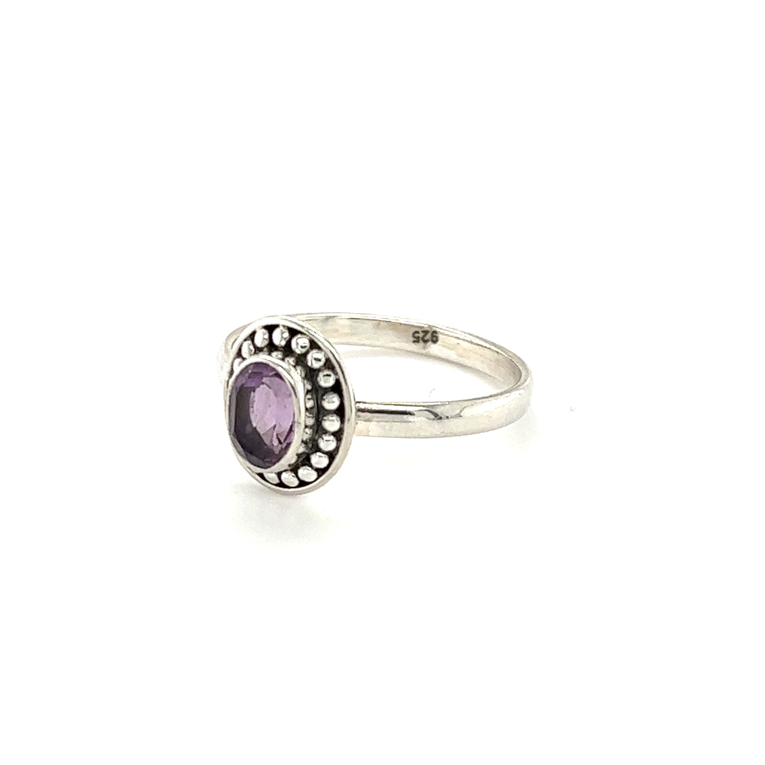 Oval Gemstone Ring with Ball Disk Border in .925 sterling silver by Super Silver.