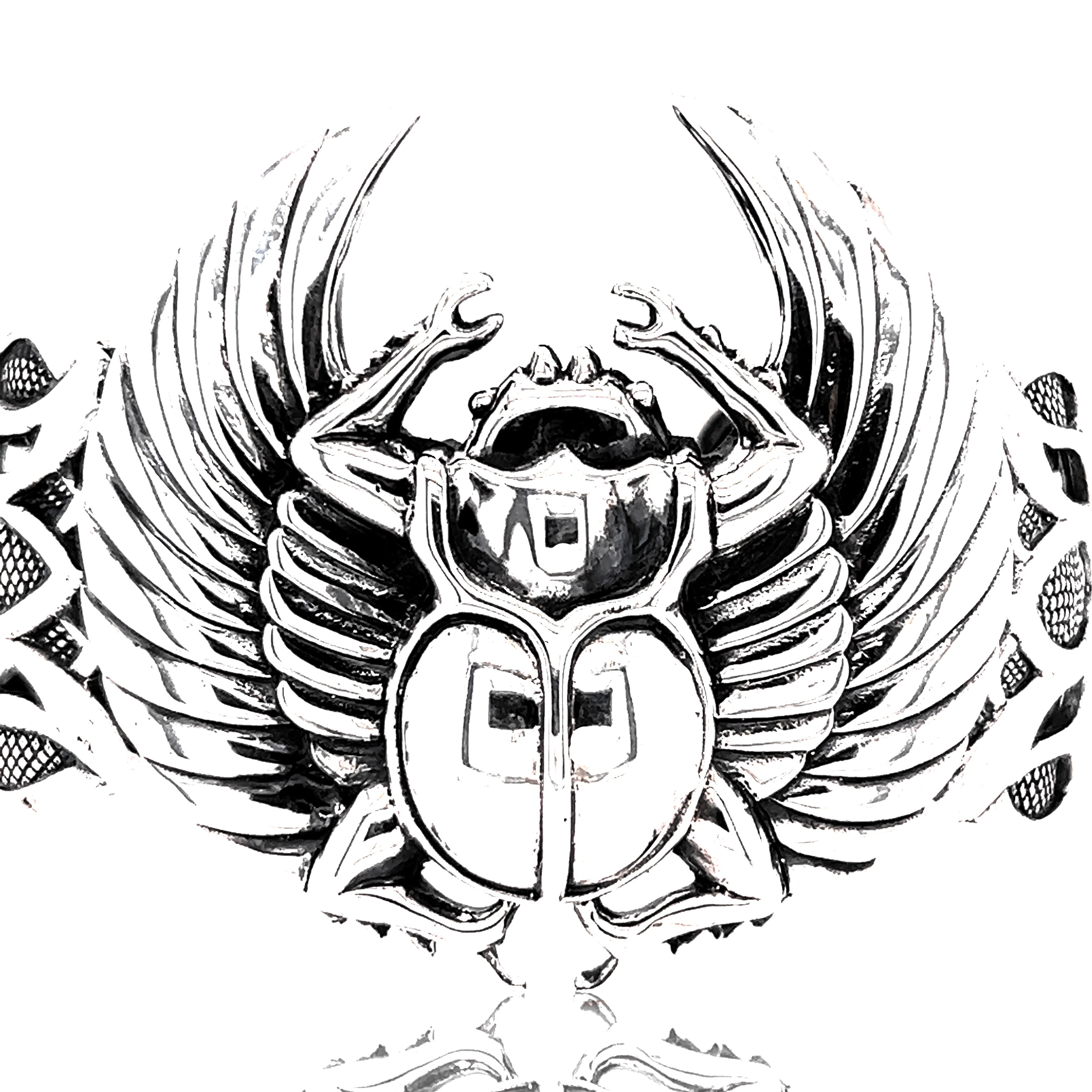 A black and white drawing of a Super Silver Scarab with Wings Cuff Bracelet.