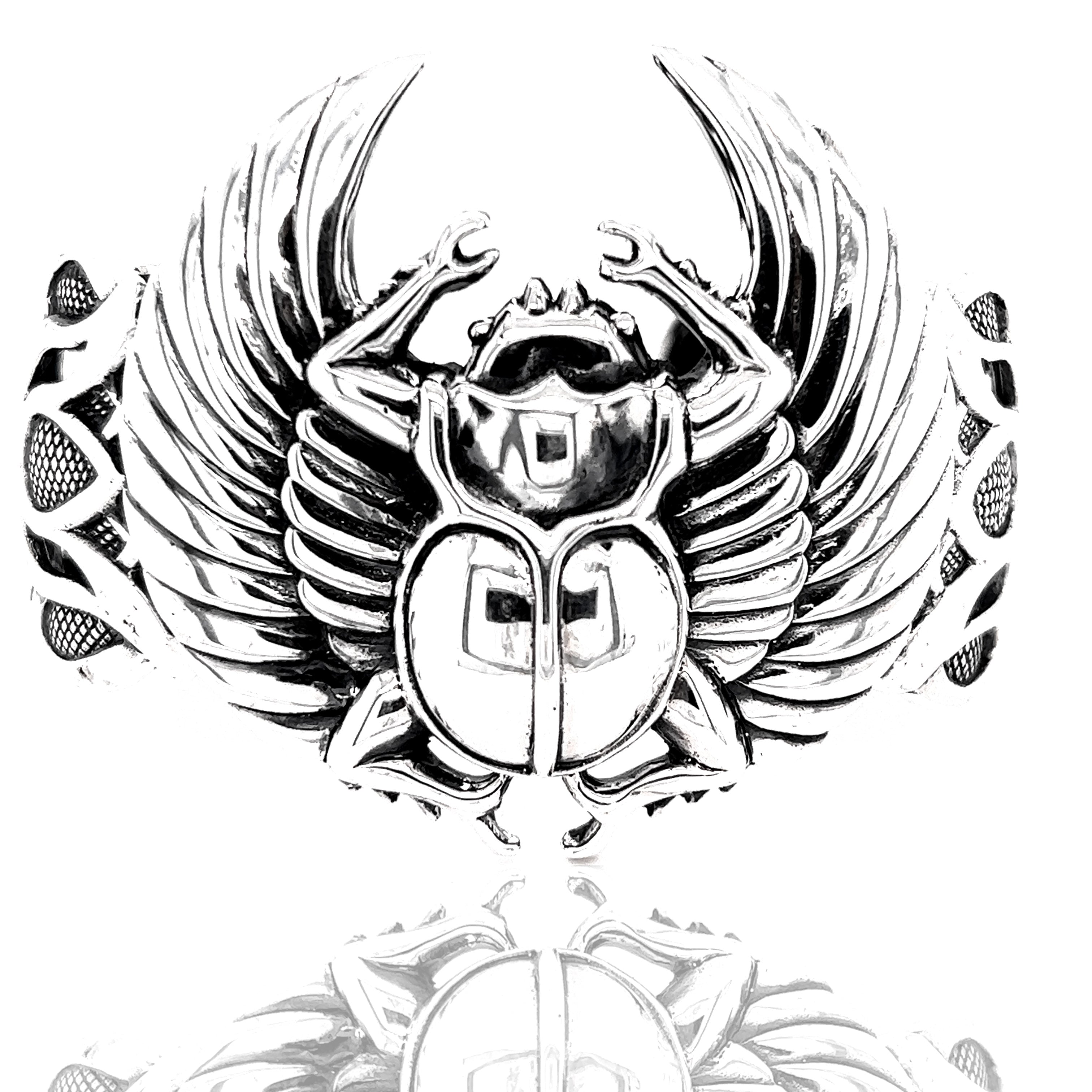 A black and white drawing of a Super Silver Scarab with Wings Cuff Bracelet.
