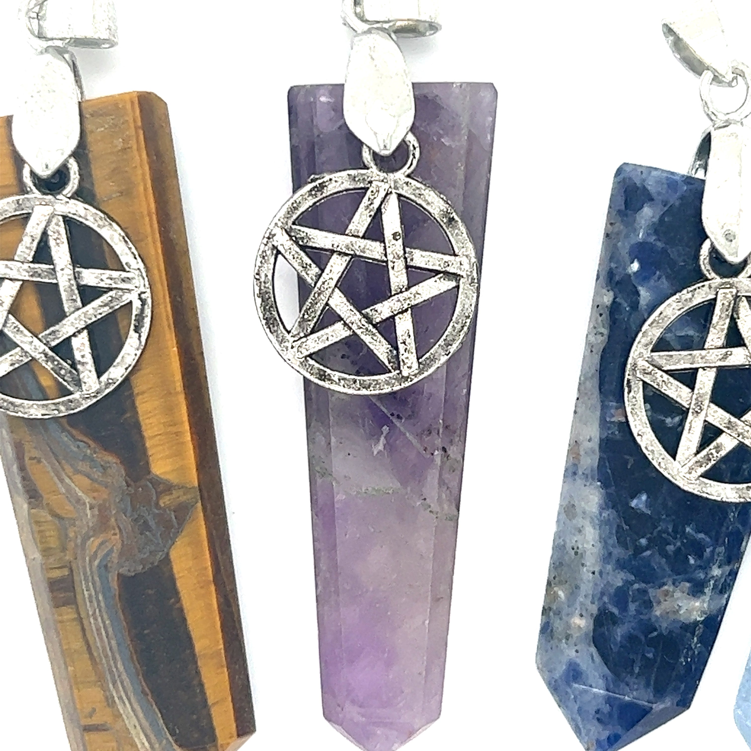 Three Super Silver Pentagram Stone Slab Pendants featuring a variety of stones.
