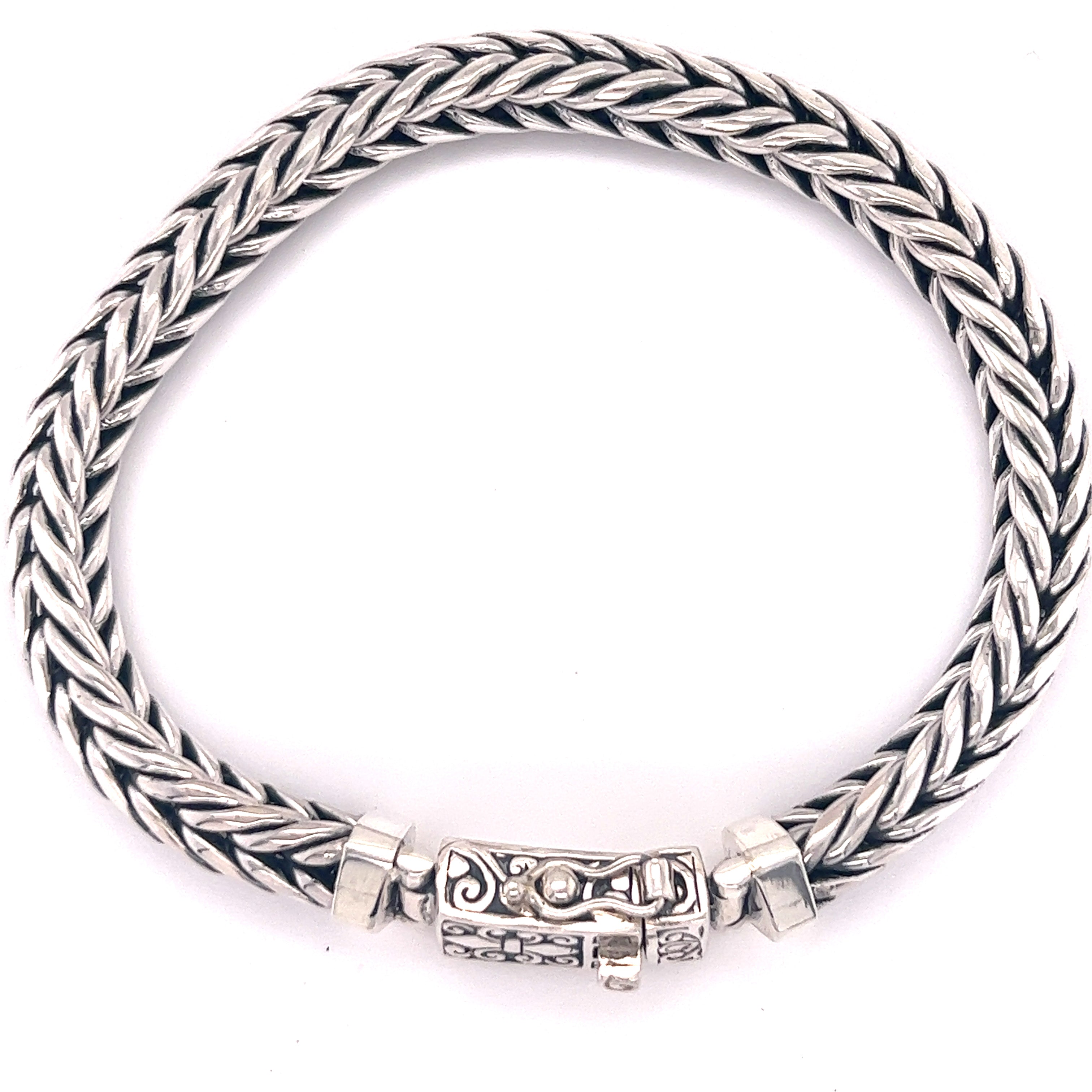 A Super Silver Heavy Braided Bracelet with a clasp.