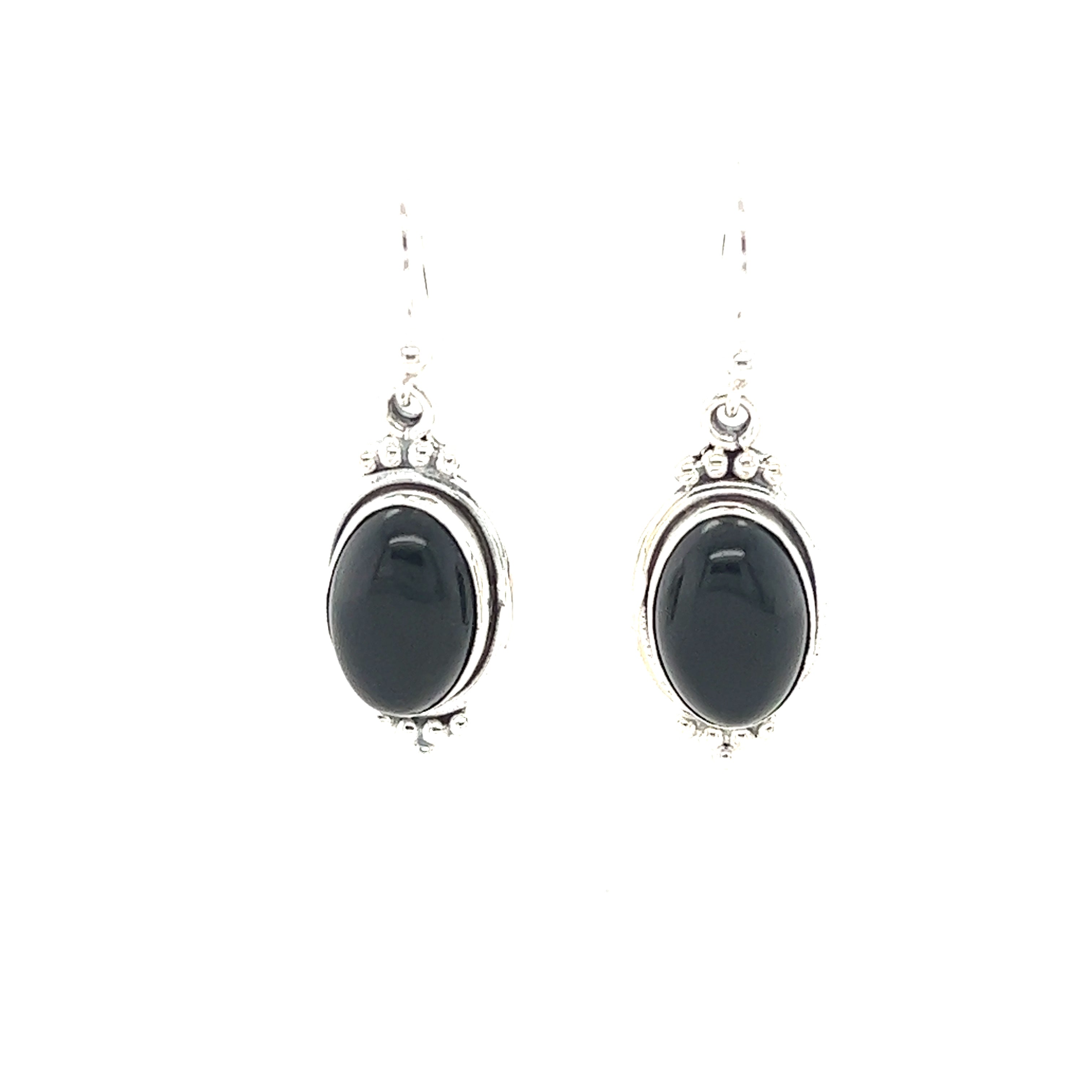 A pair of Super Silver Natural Gemstone Earrings with a Raised Oval Setting on a white background.
