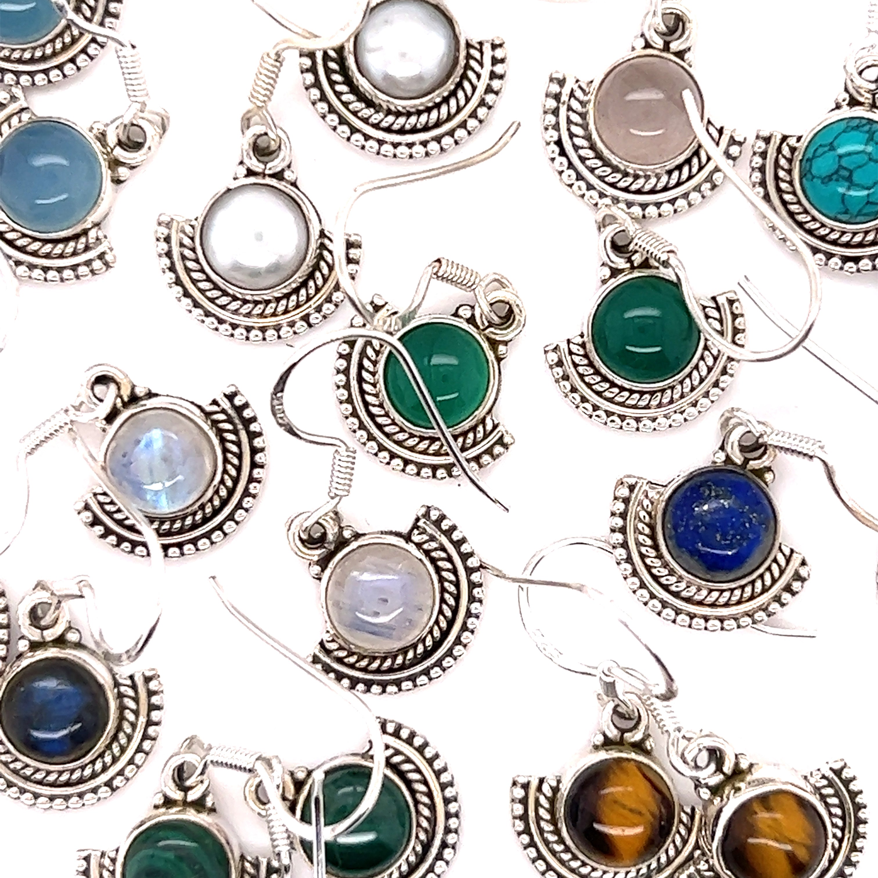 Super Silver's Round Gemstone Earrings with Fan Setting in a rustic silver fan-like setting on a white background.