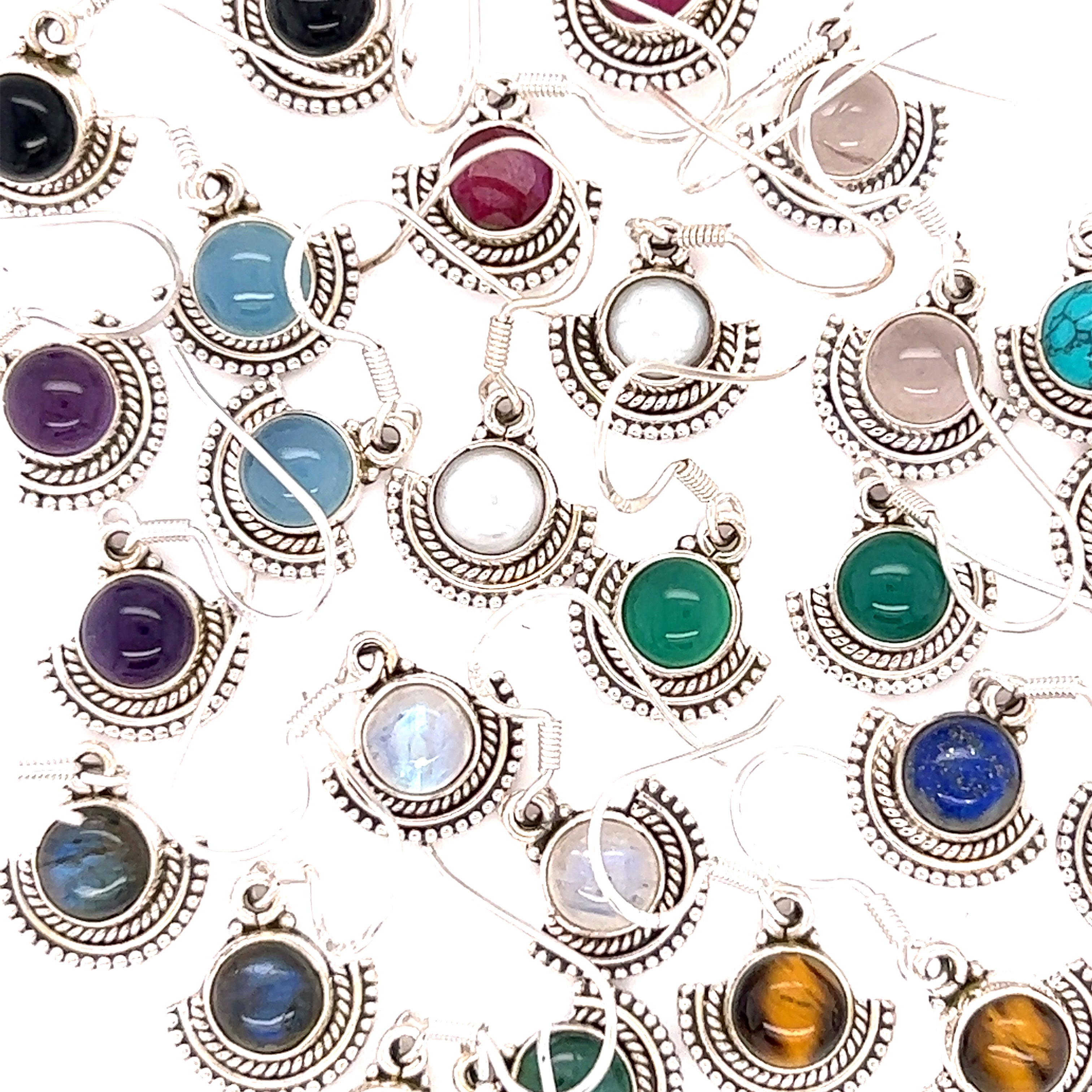 A group of Super Silver Round Gemstone Earrings with Fan Setting, set in rustic silver fan-like settings, on a white background.