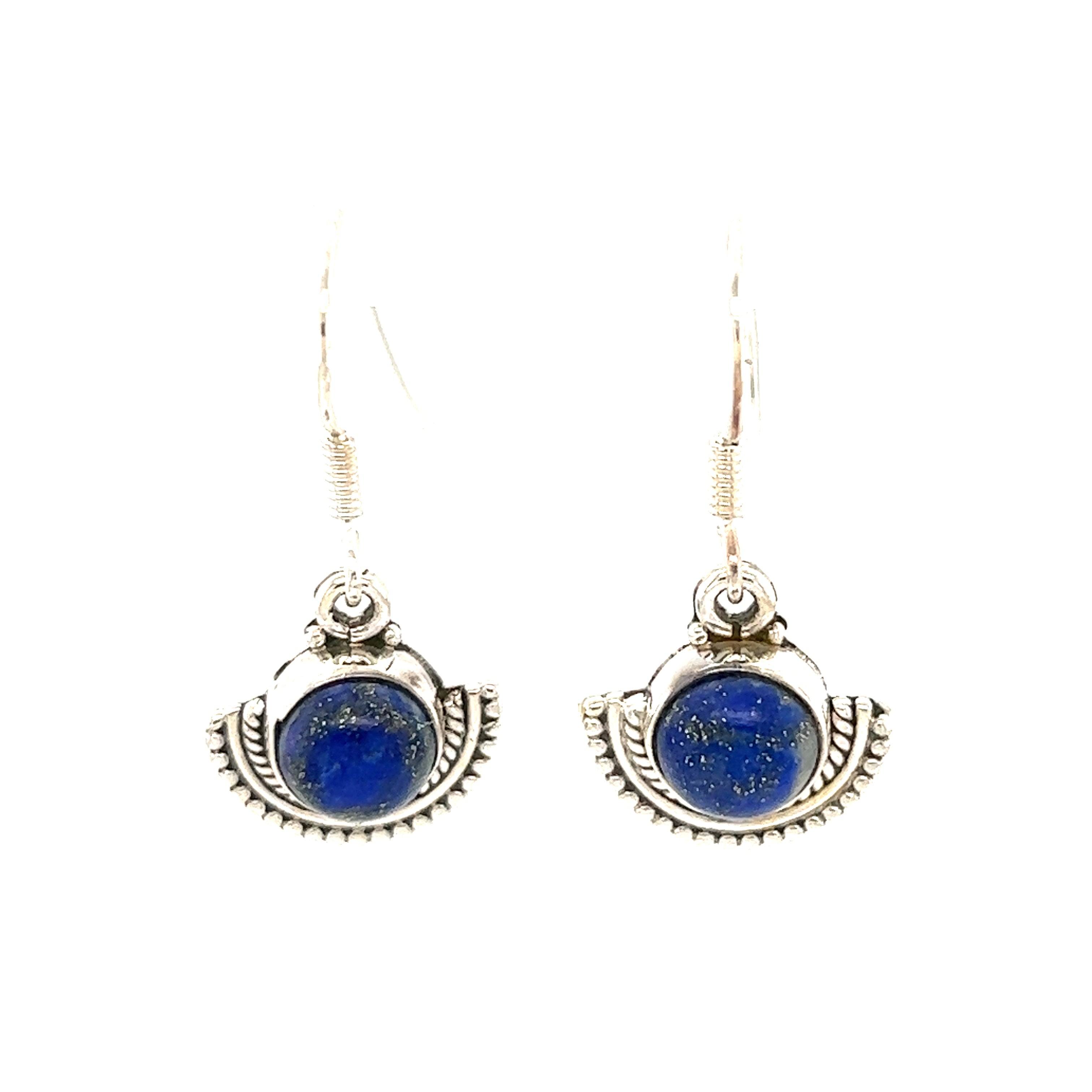 A pair of Super Silver Round Gemstone Earrings with Fan Setting featuring lapis stones in a rustic silver fan-like setting.