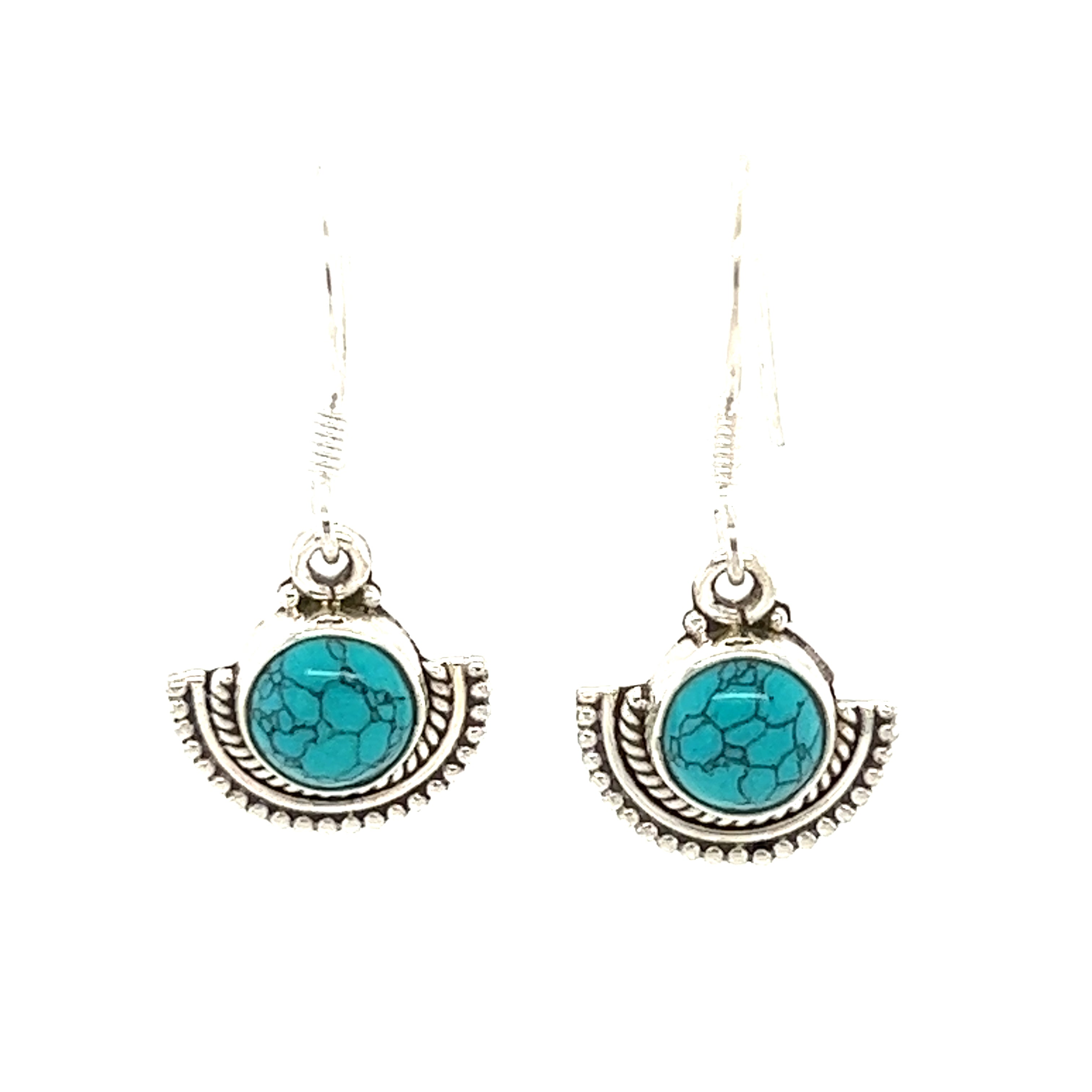 Groovy Super Silver earrings with round turquoise stones in a rustic silver fan-like setting.