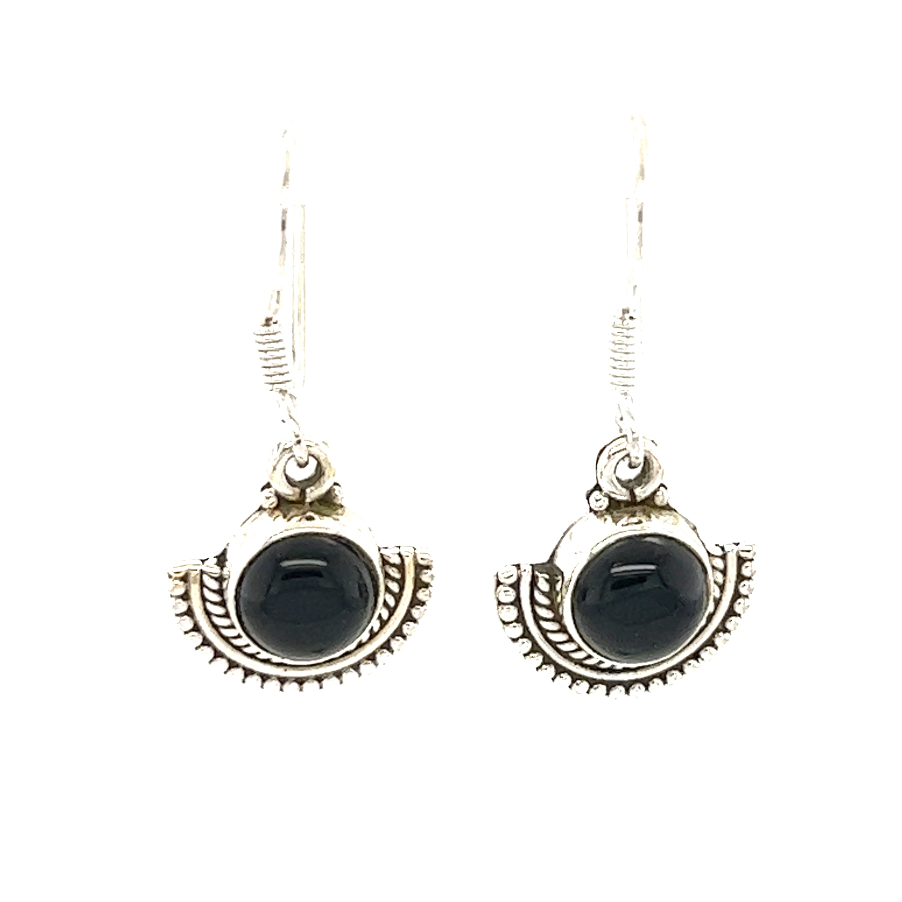 Super Silver's Round Gemstone Earrings with Fan Setting, showcased against a white background, exude a groovy black onyx elegance.