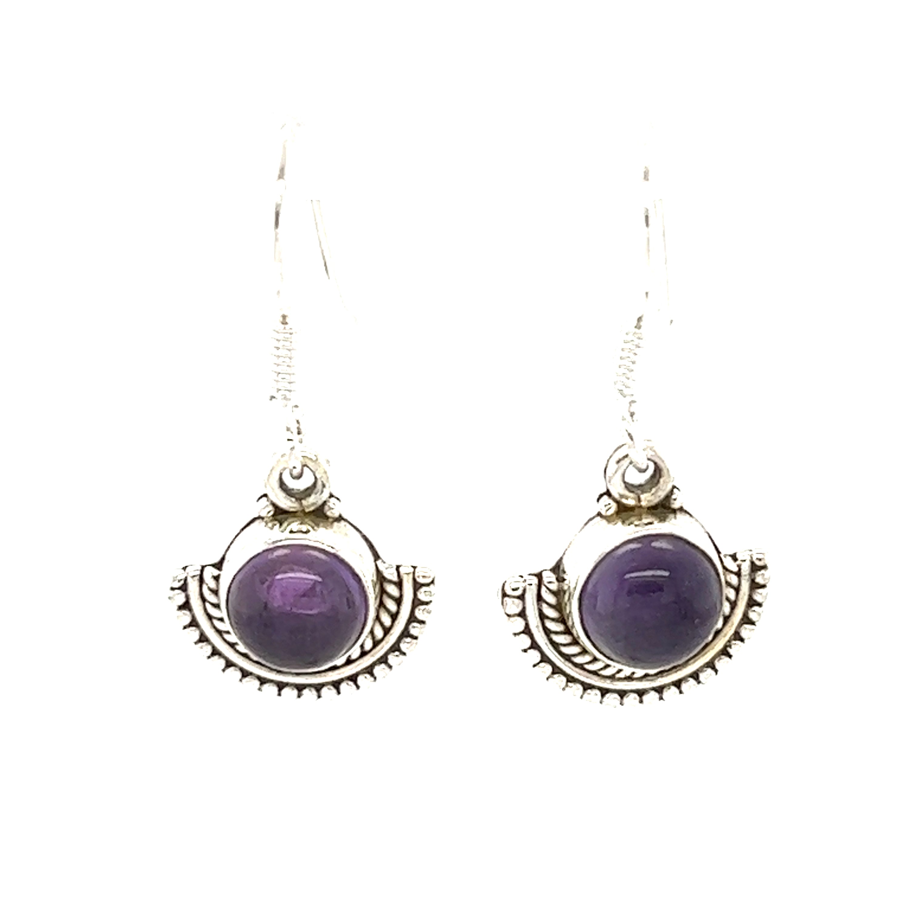 Round Amethyst dangle earrings in a rustic silver fan-like setting. (Original sentence)
Round Gemstone Earrings with Fan Setting from Super Silver.