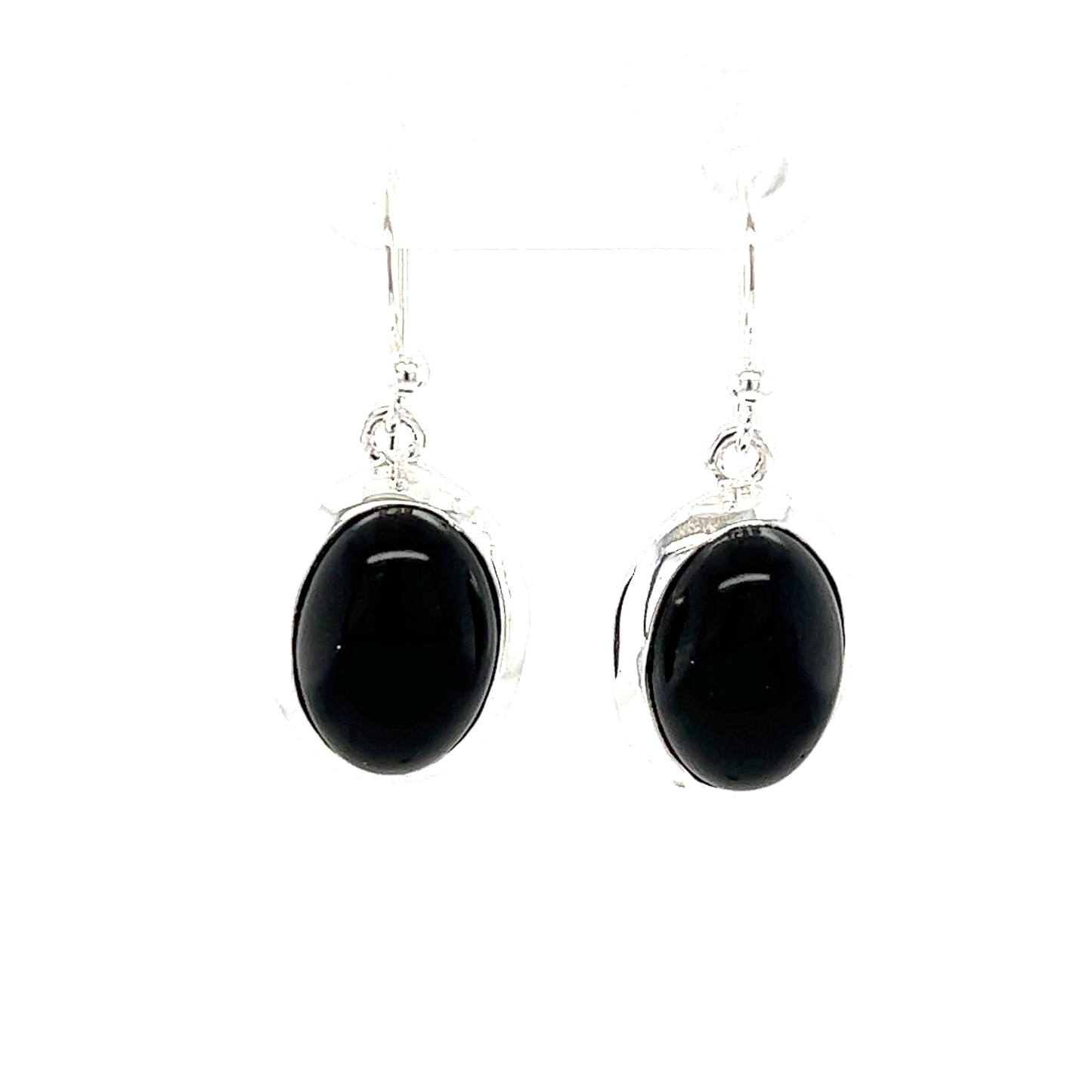 A pair of Super Silver Oval Onyx Earrings featuring a 14mm stone, showcased against a white background.