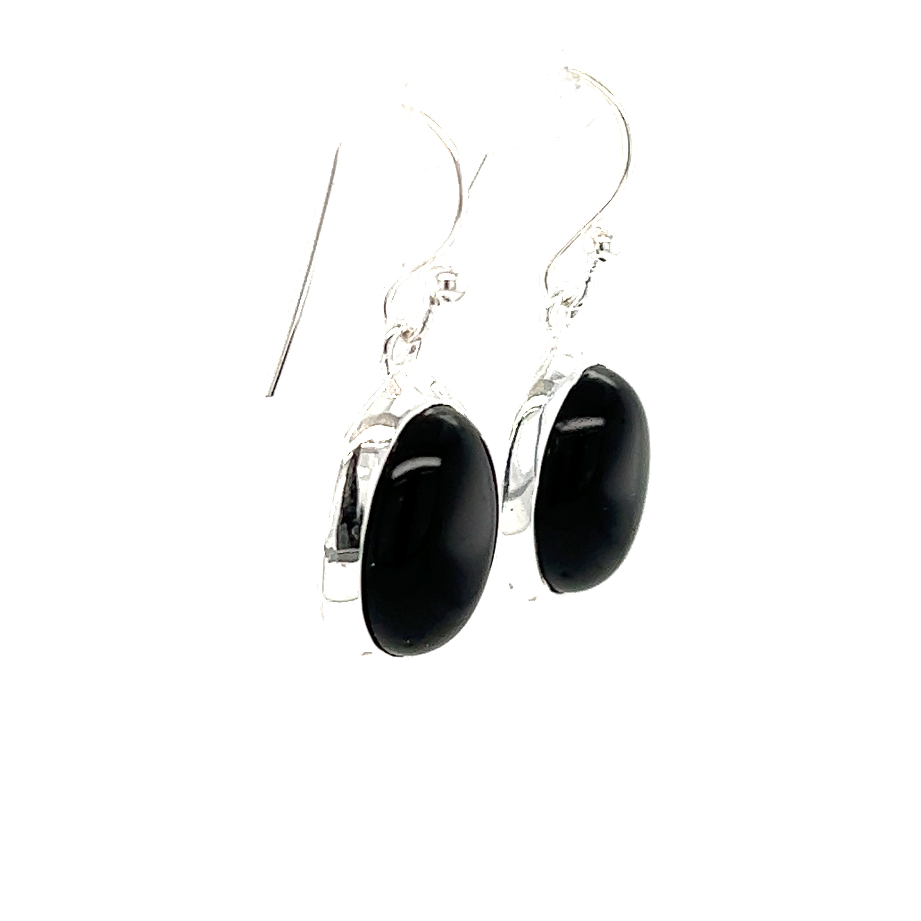 A pair of Super Silver Oval Onyx Earrings, set in sterling silver, presented against a clean white background.