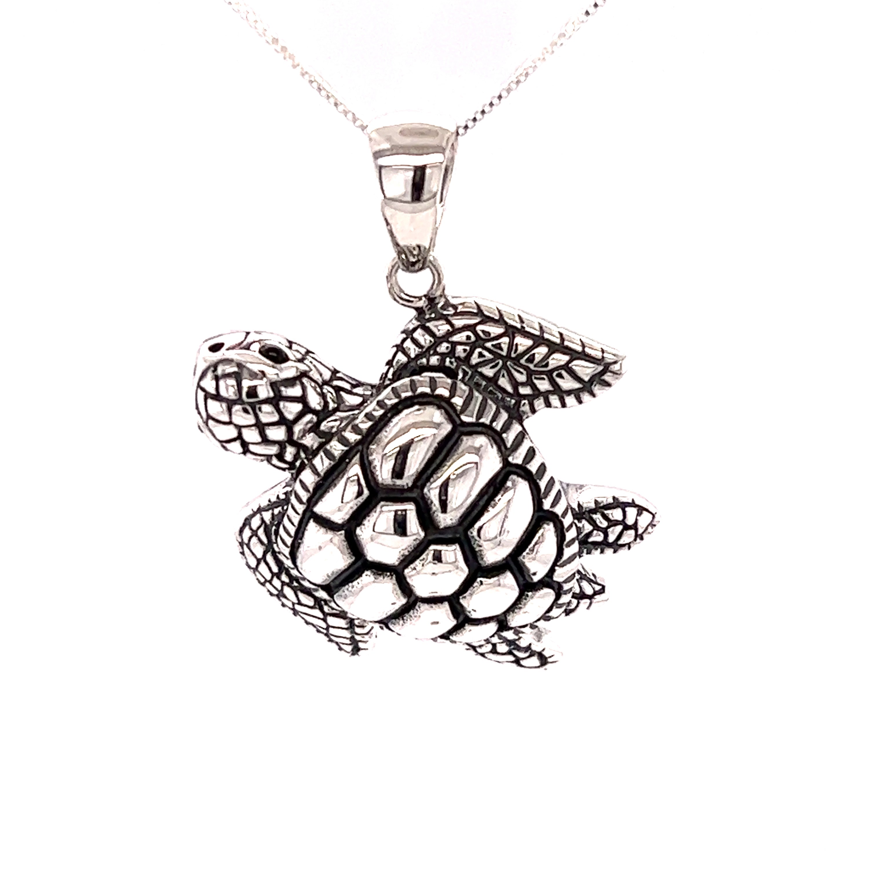 A Stunning Sea Turtle Pendant by Super Silver on a chain.