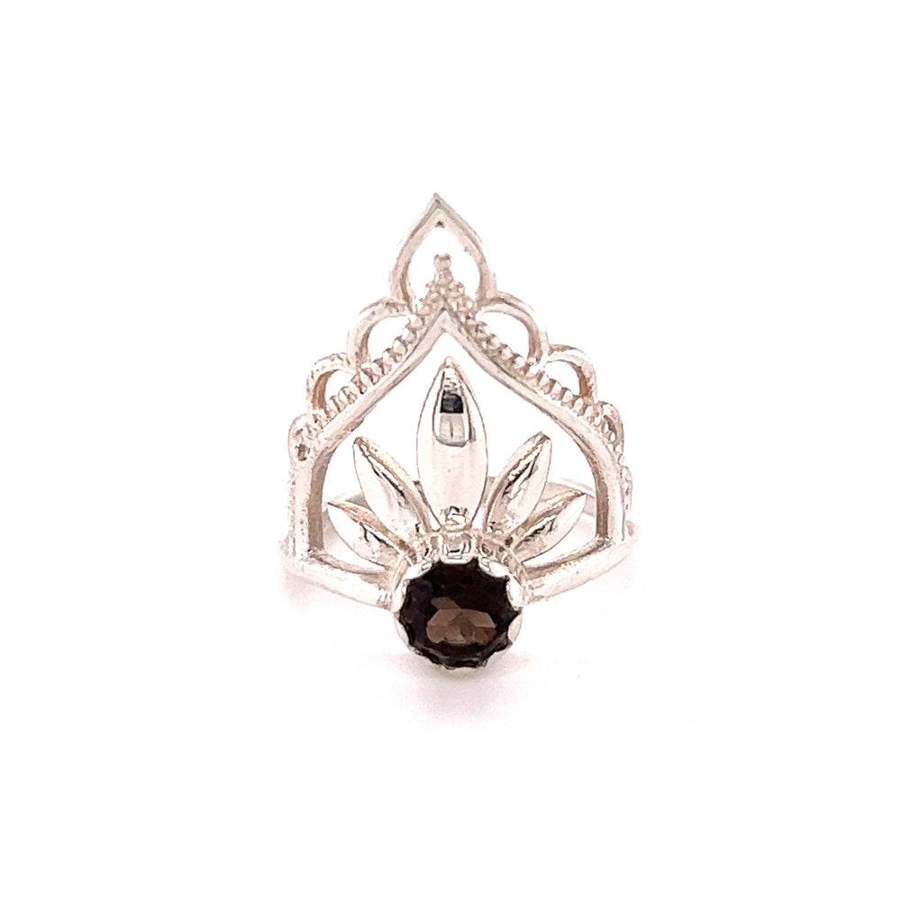 A Mandala Flower Crown Ring with Natural Gemstones with a black stone in the middle.