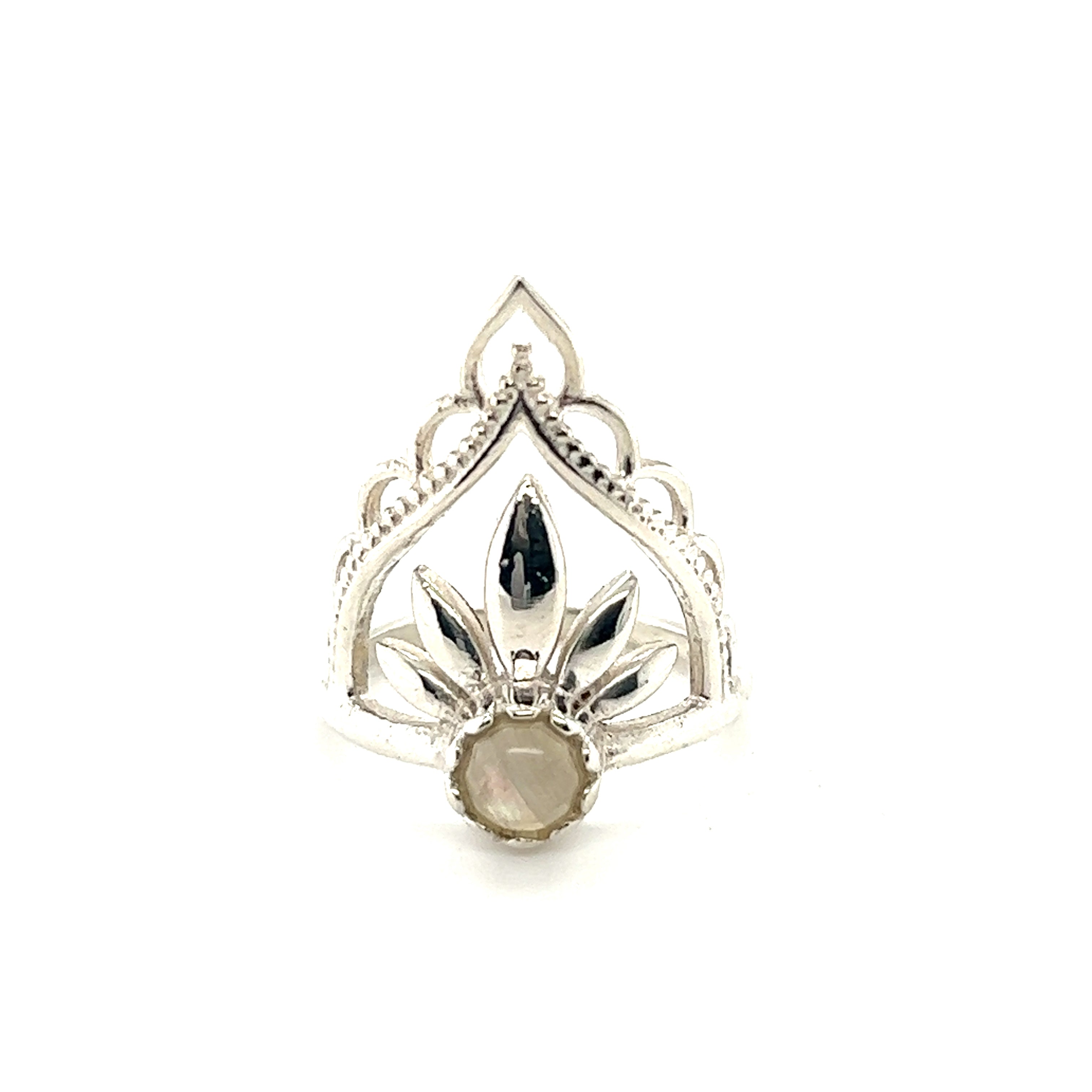 A Mandala Flower Crown Ring with Natural Gemstones from Super Silver adorned with a mesmerizing mother of pearl stone.