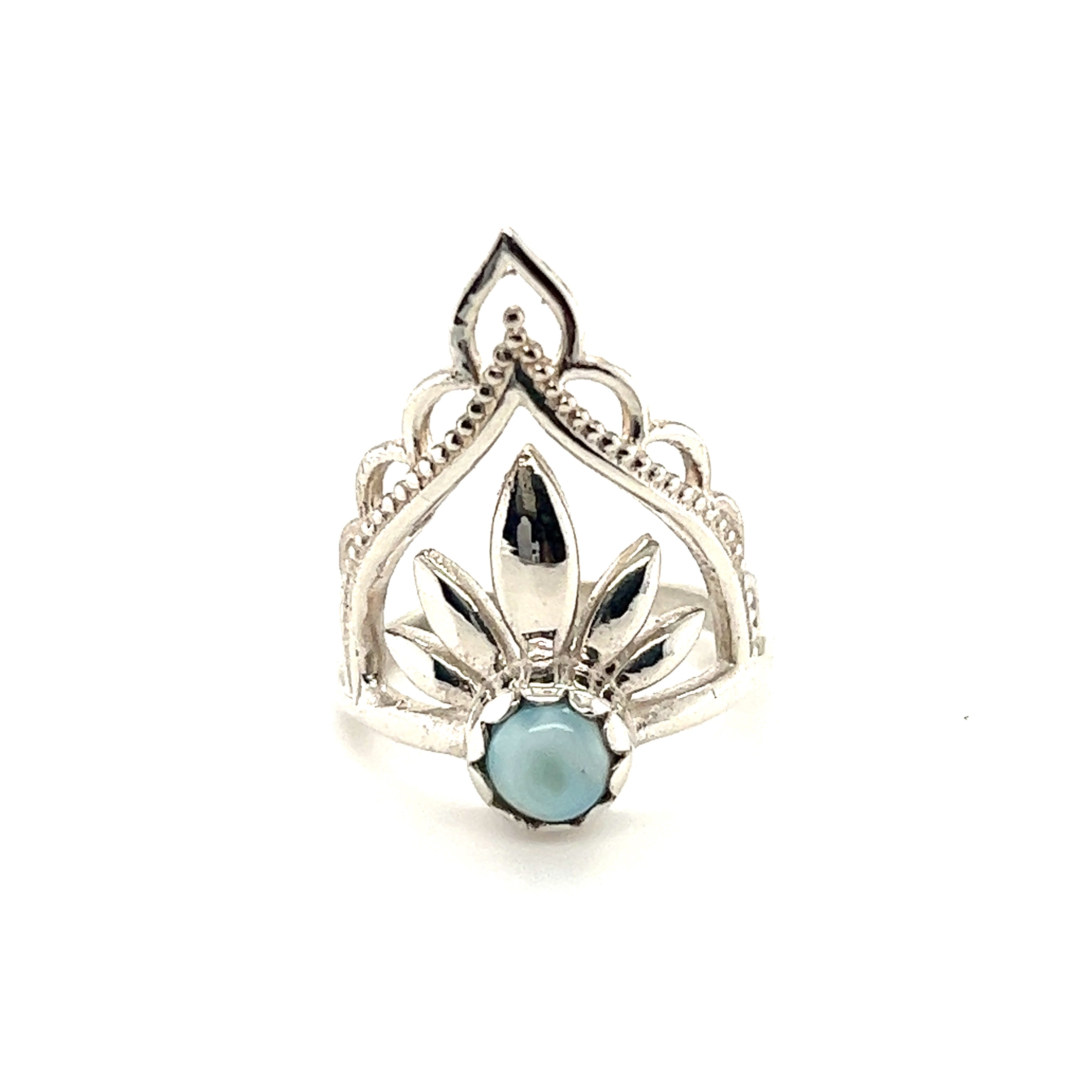 A Mandala Flower Crown Ring with Natural Gemstones by Super Silver, adorned with a natural turquoise stone.