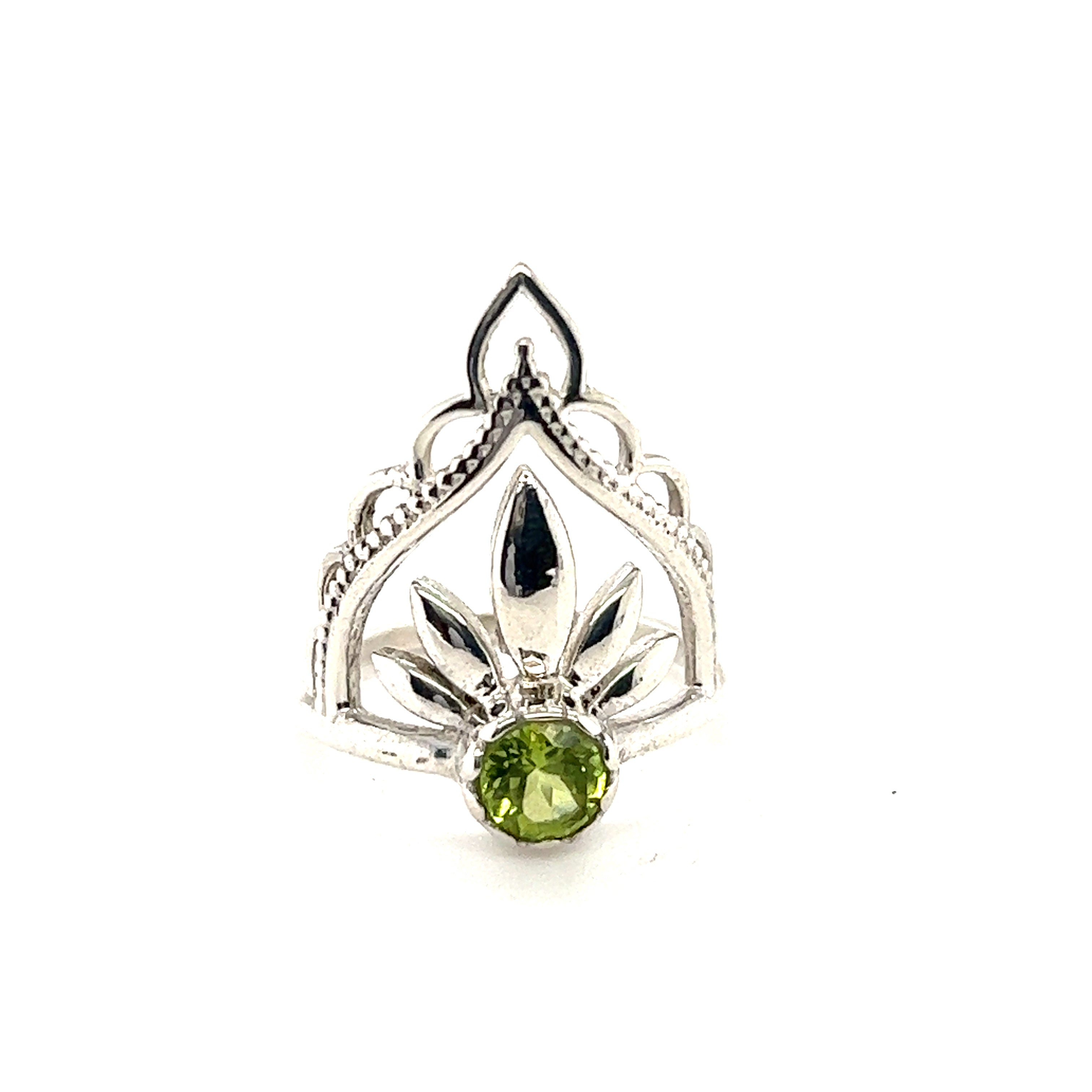 This Mandala Flower Crown Ring with Natural Gemstones by Super Silver features a sterling silver band adorned with a vibrant peridot stone, showcasing the natural beauty of gemstones.