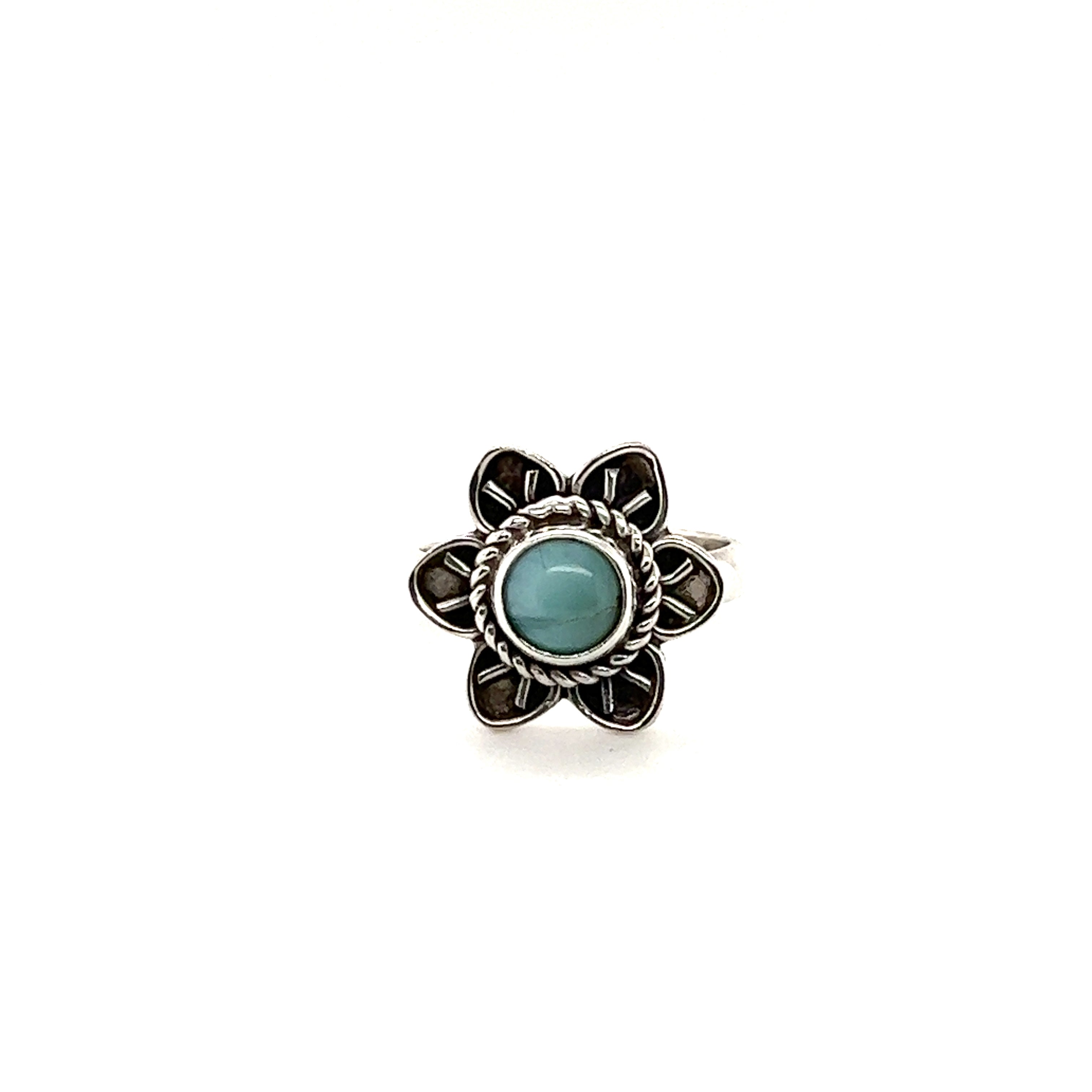 An Enchanting Flower Ring with Natural Gemstones from Super Silver with a turquoise stone and silver petals.