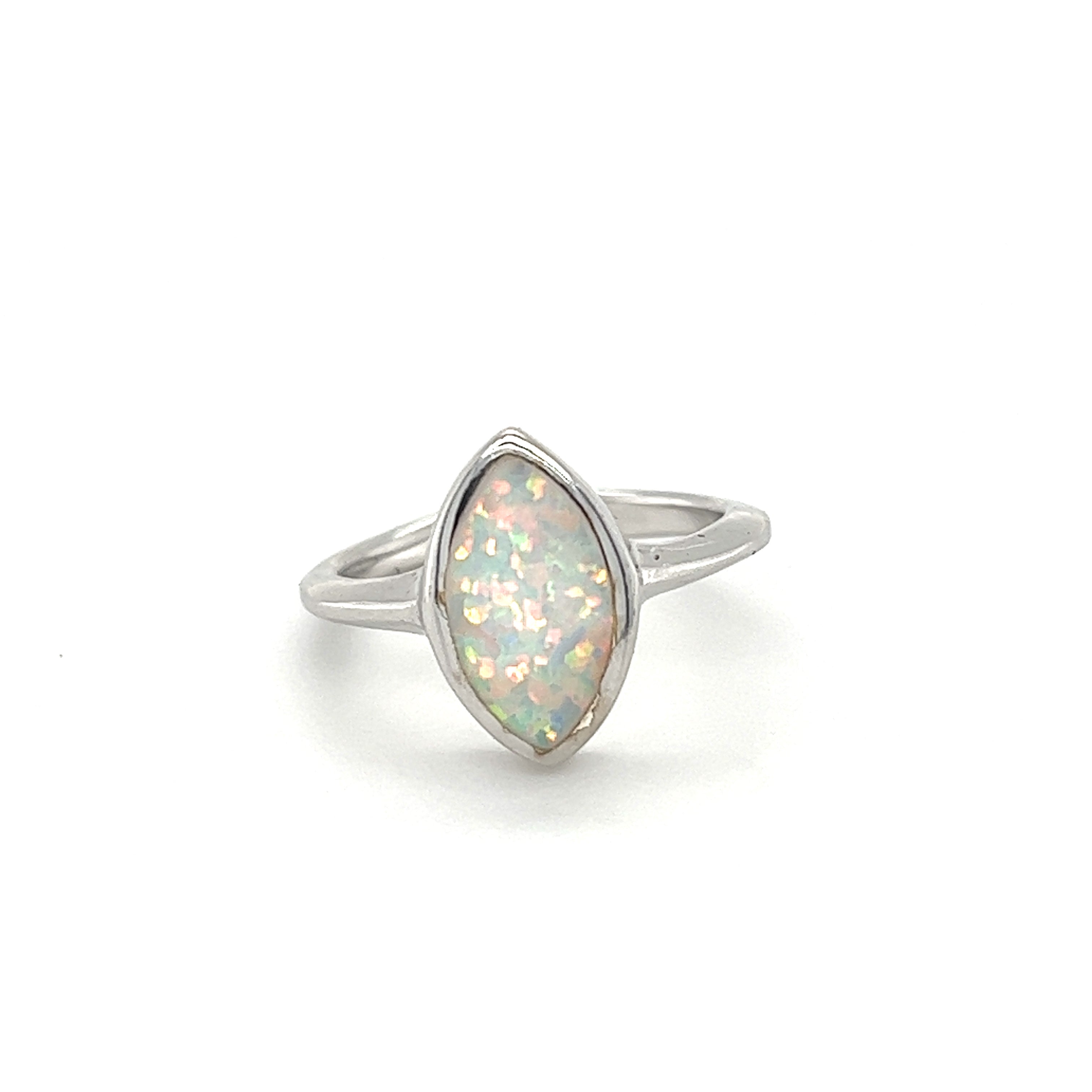 A Super Silver Marquise Shaped Opal Ring with a rhodium finish on a white background.