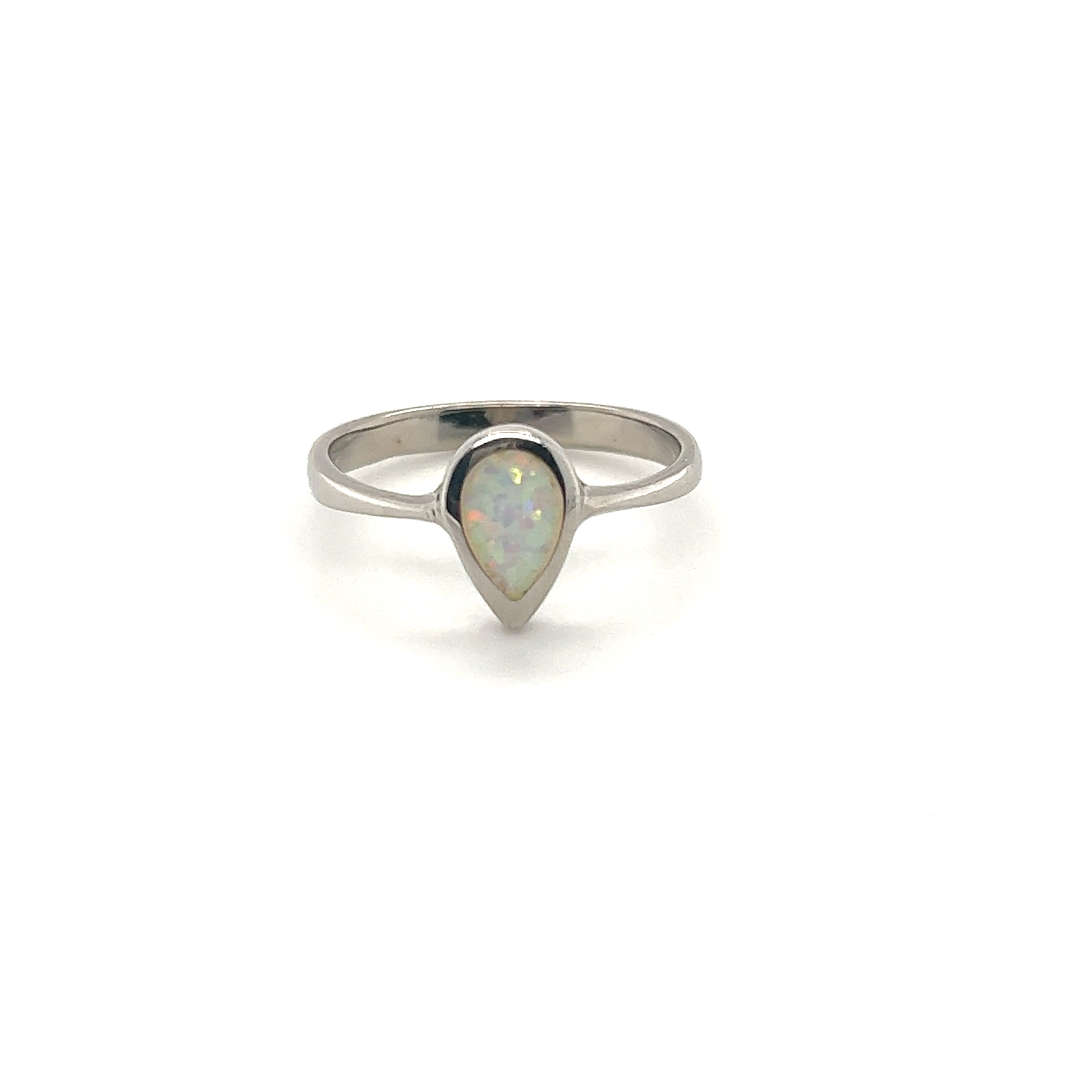 A Super Silver Teardrop Shaped Opal Ring with a pear shaped stone.