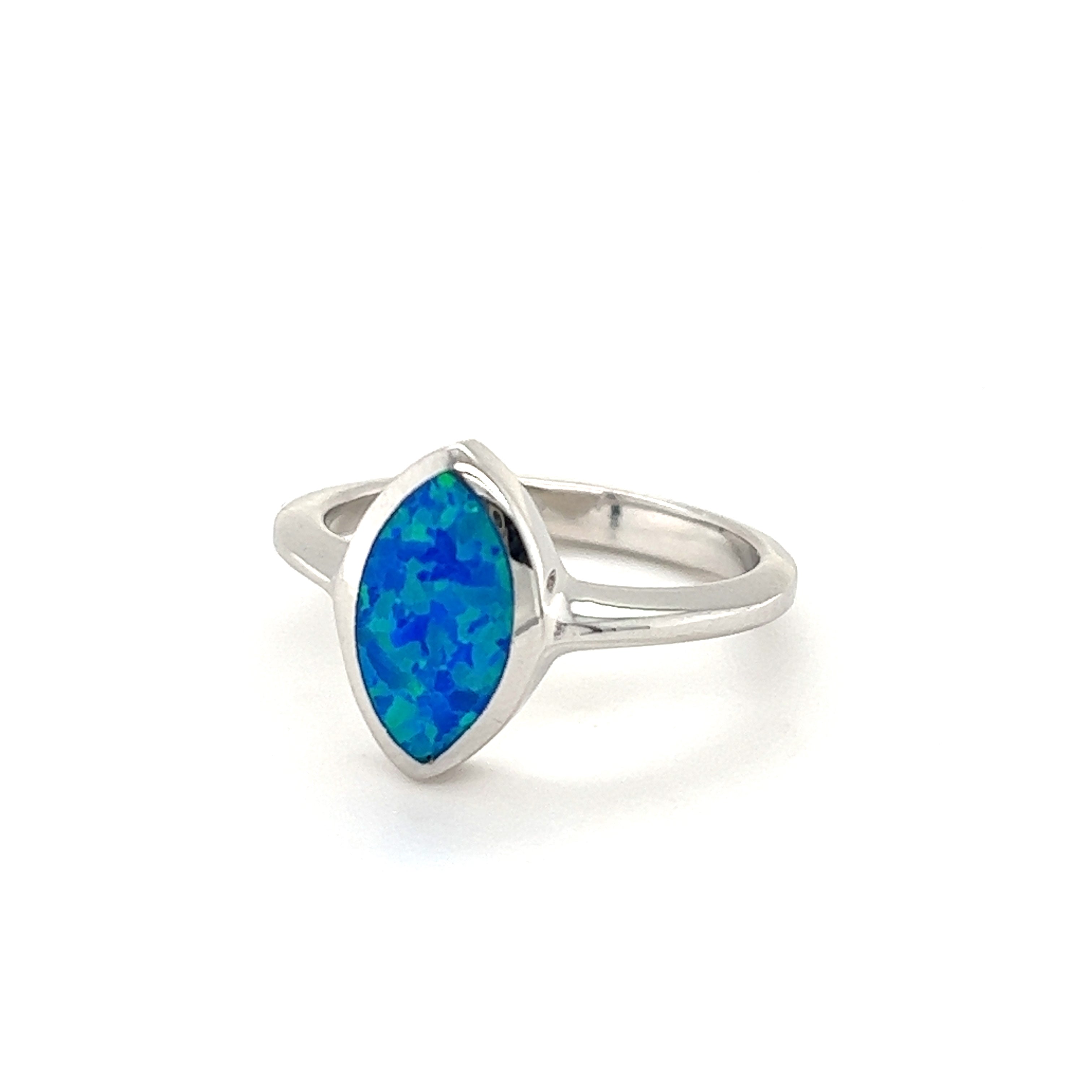 A Super Silver Marquise Shaped Opal Ring with a blue opal stone.