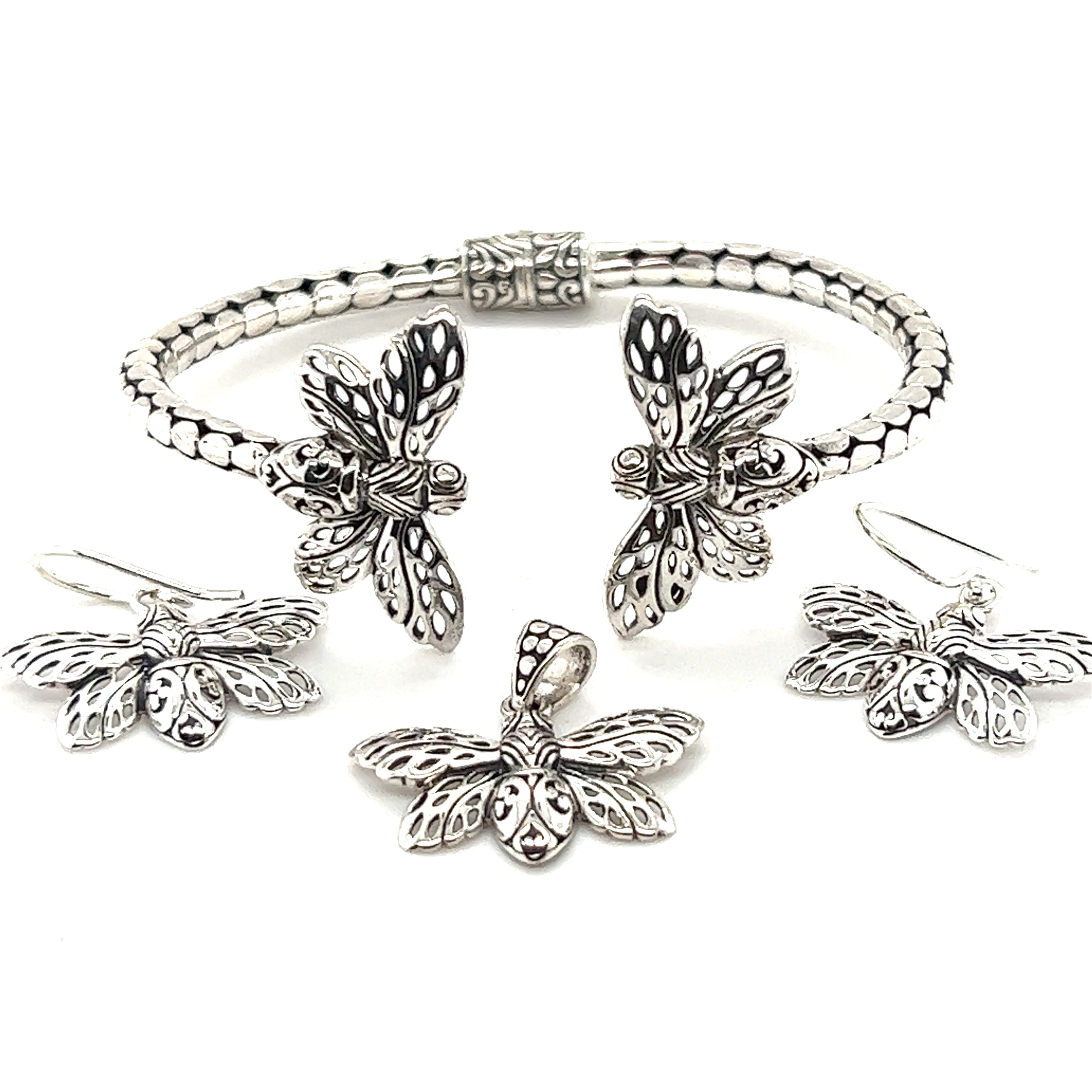 Artisan Collection - Super Silver bee cuff bracelet and Bee Earrings set.