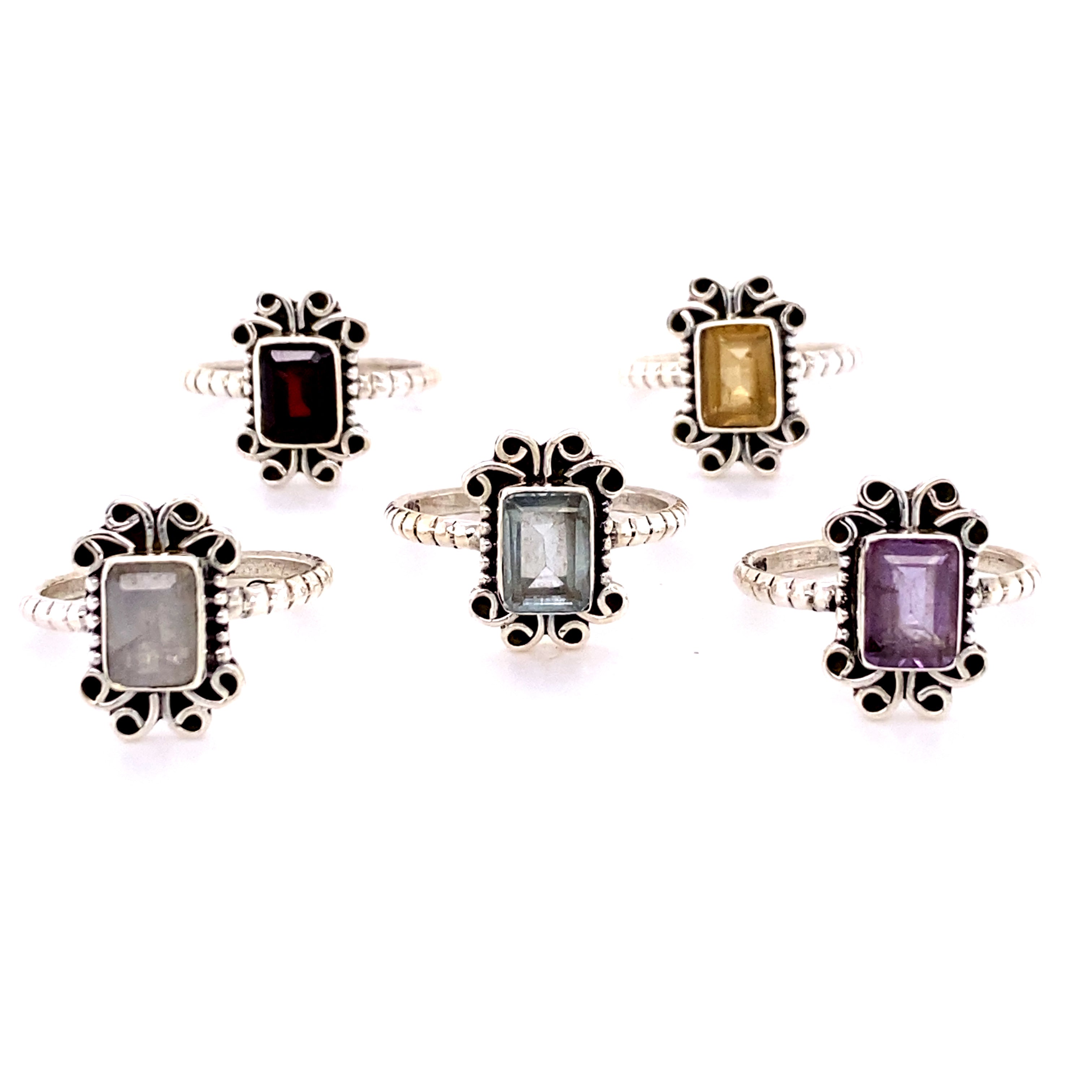 A Natural Gemstone Square Ring with Swirls with different colored stones and a hippie vibe.