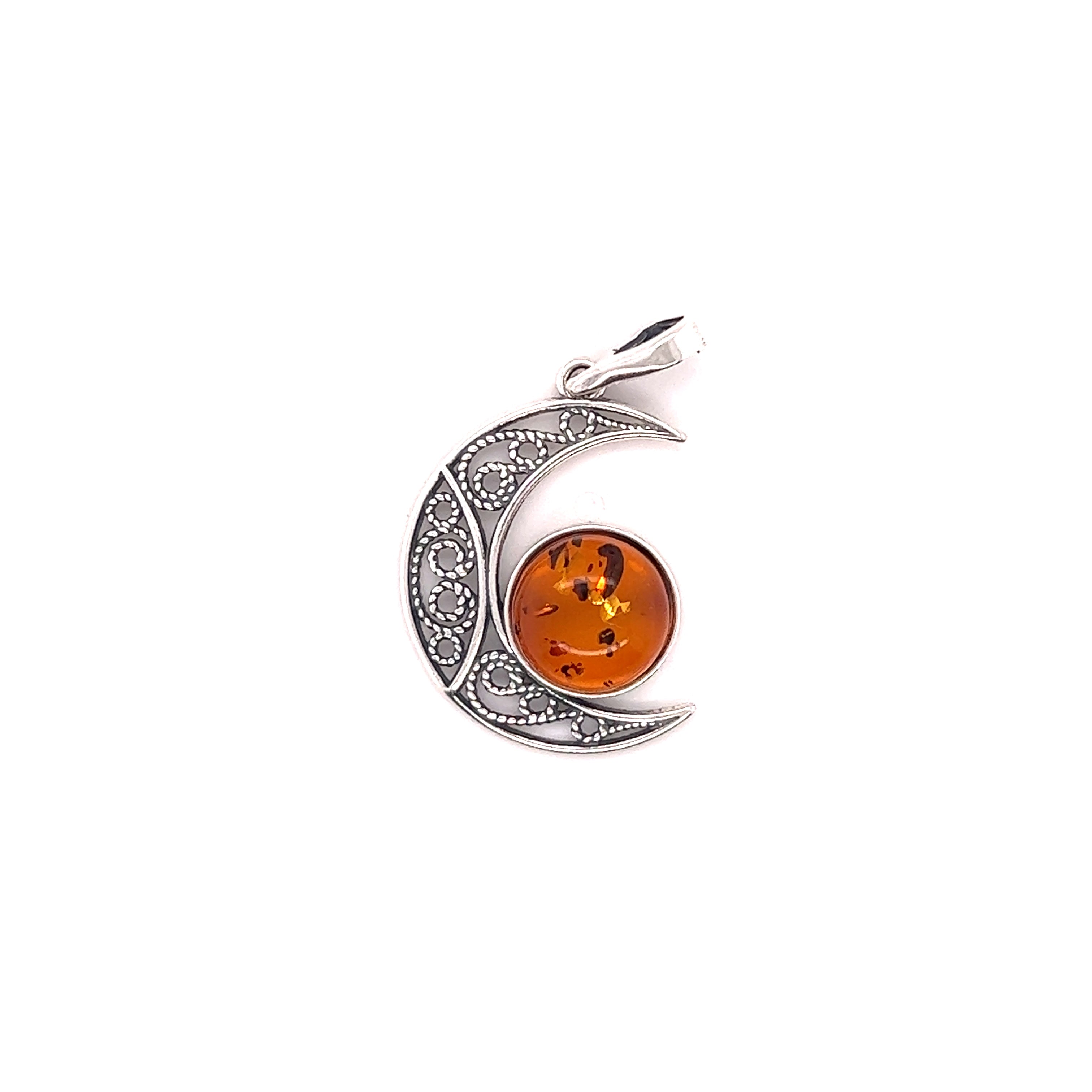 A Baltic Amber Moon Pendant with an orange Baltic Amber stone, made of .925 Sterling Silver, from the brand Super Silver.