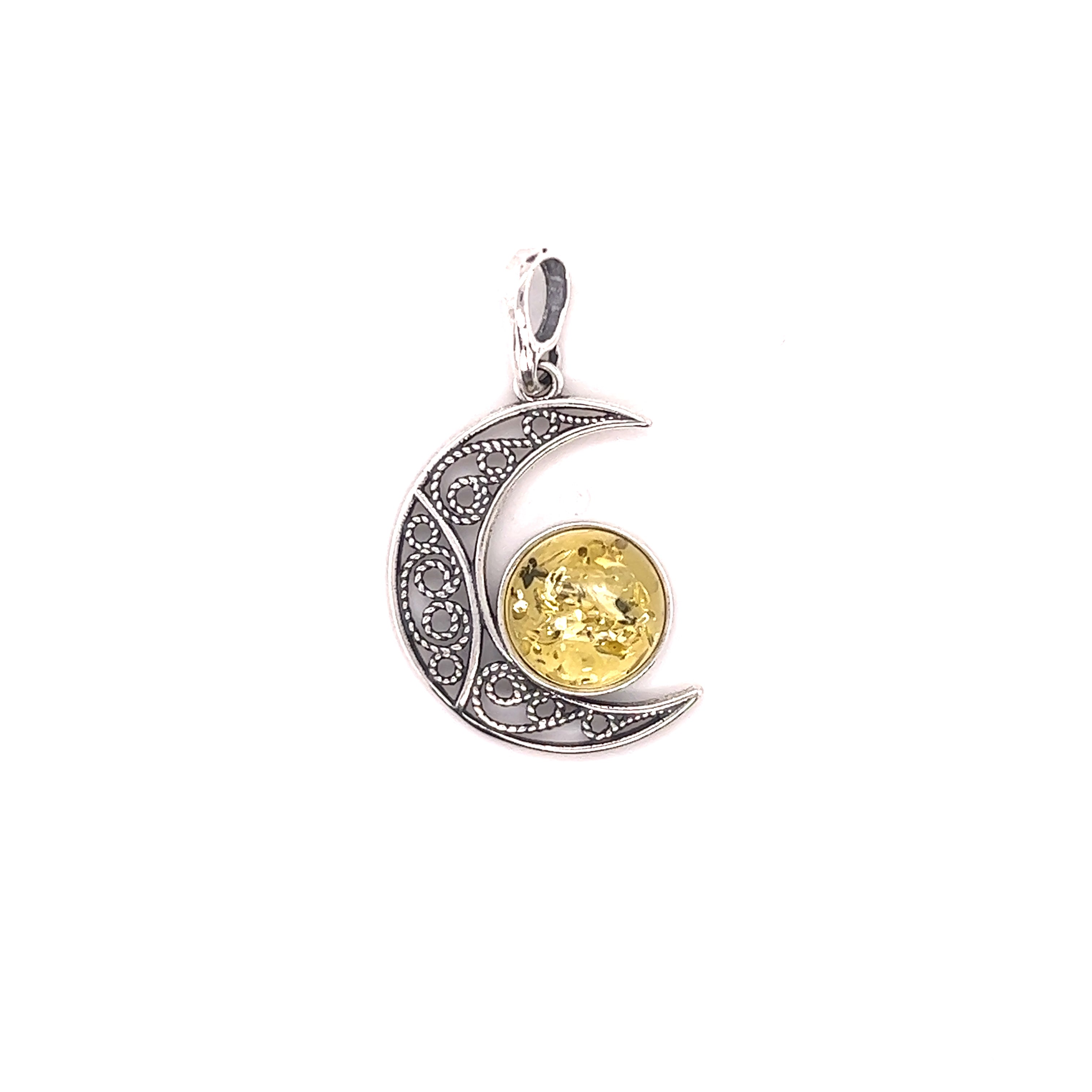 A Super Silver Baltic Amber Moon Pendant with a yellow Baltic amber stone.