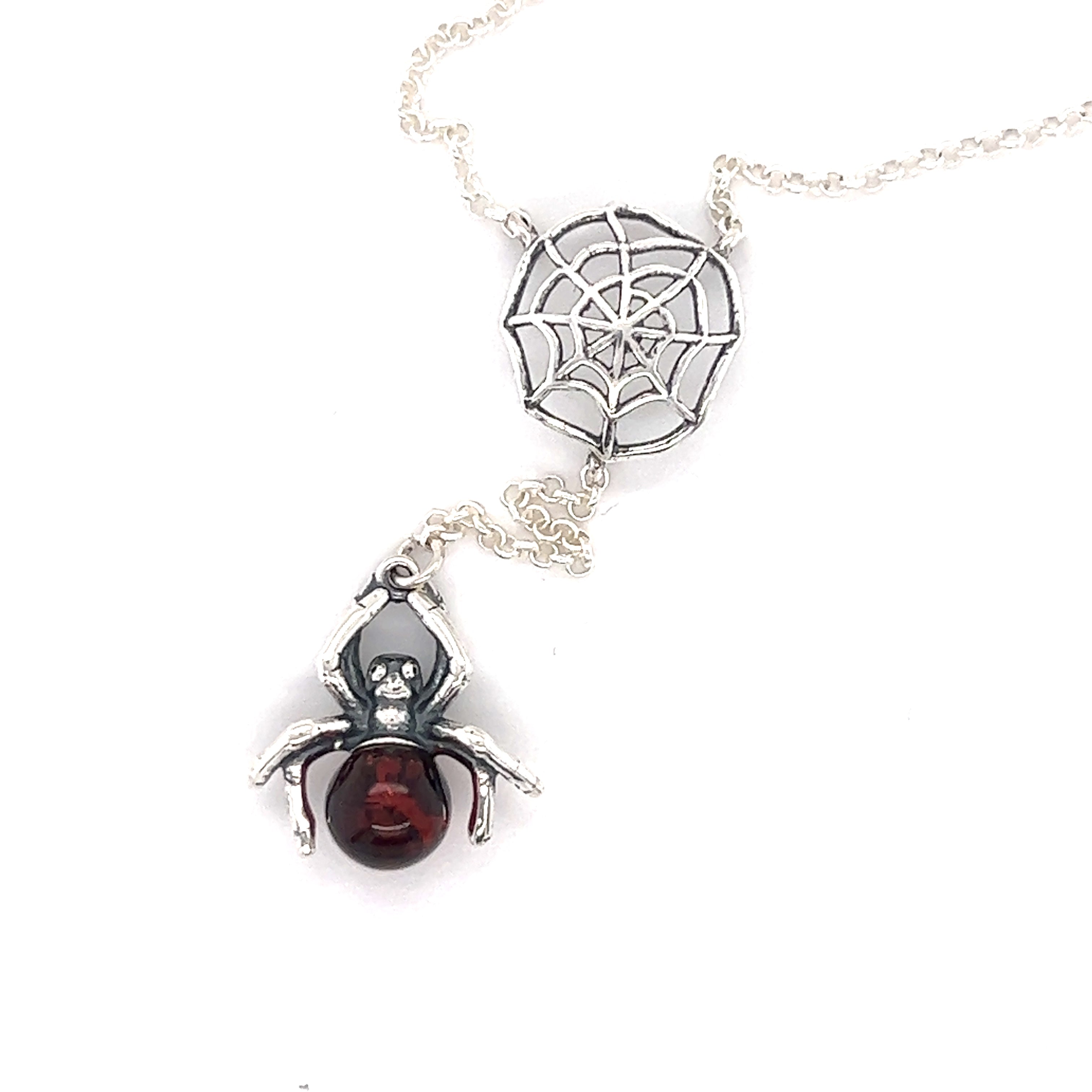 A Super Silver Baltic Amber Spider Necklace, designed in a lariat-style.