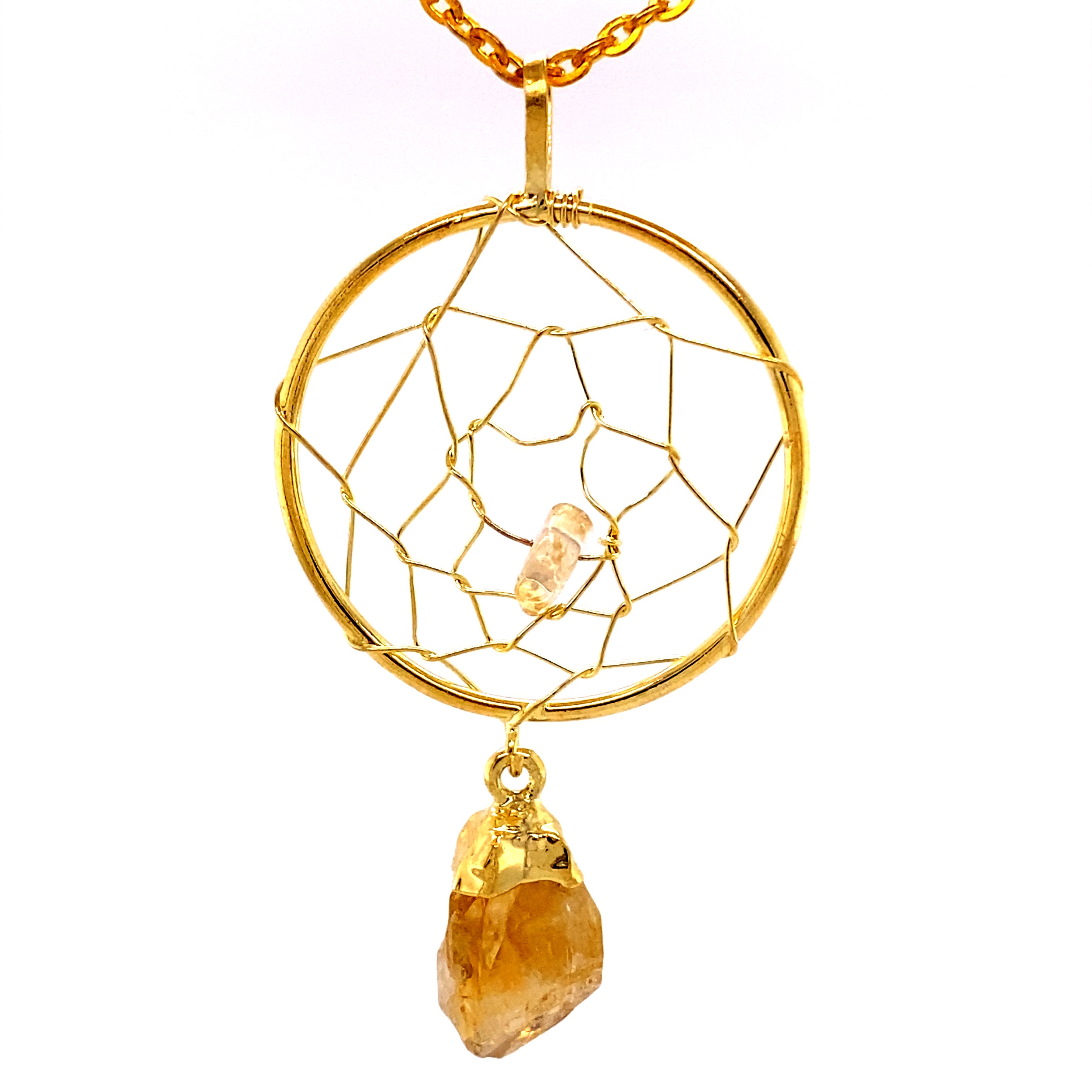 A Gold Dreamcatcher Pendant with Gemstone Point featuring a raw citrine crystal.