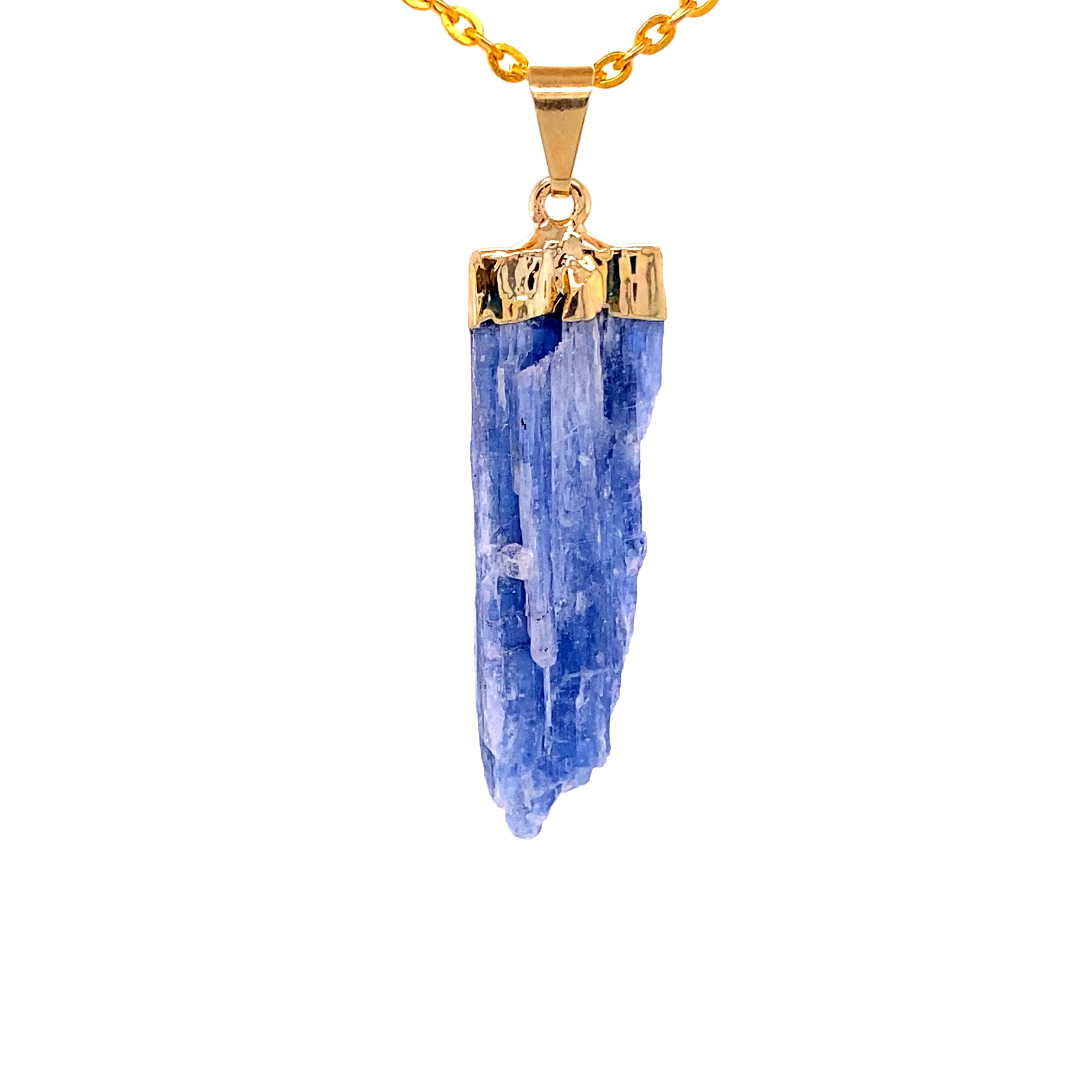 A blue Raw Crystal Pendant With Gold Cap on a gold chain featuring a natural gemstone by Super Silver.