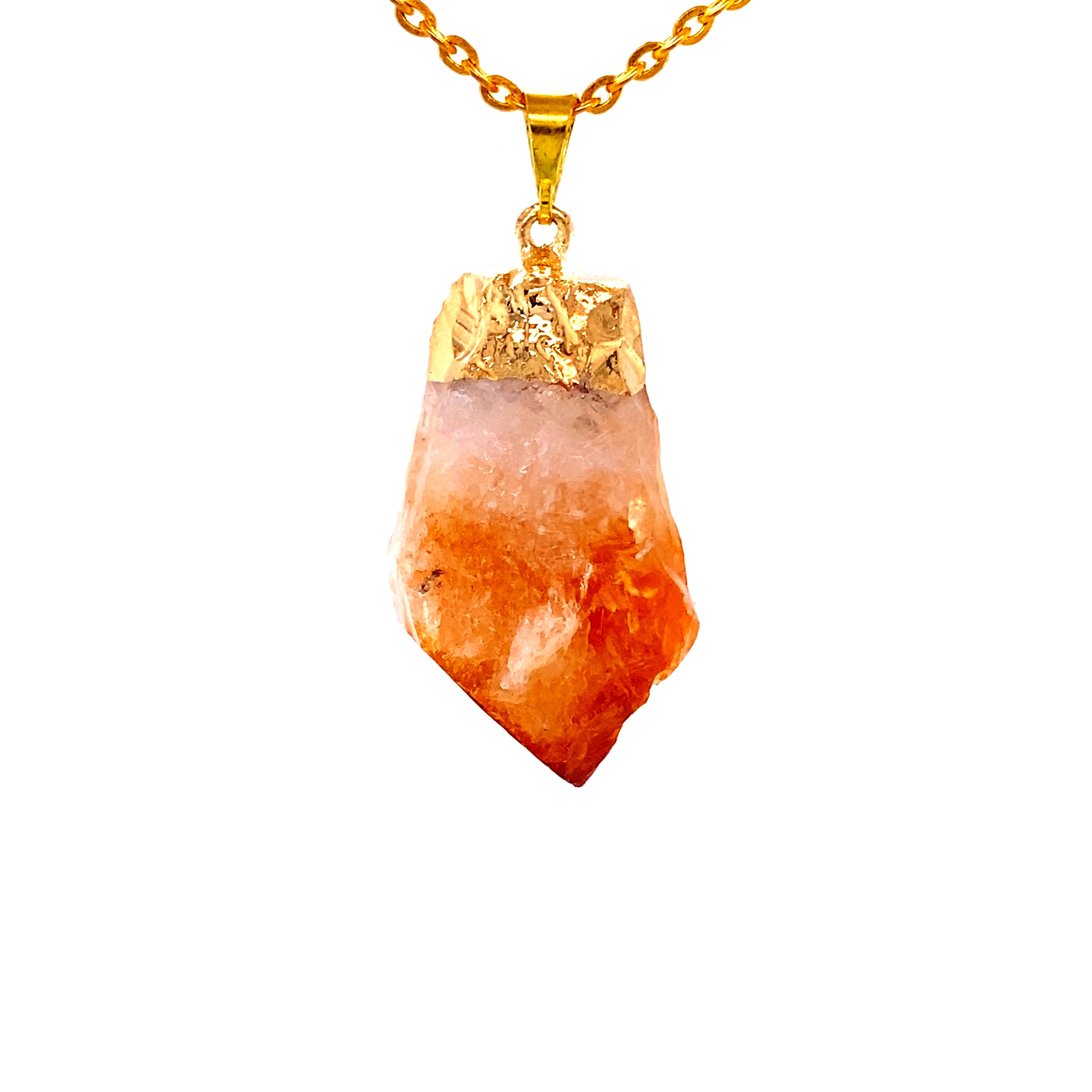 A Raw Crystal Pendant With Gold Cap from Super Silver. This natural gemstone pendant combines the beauty of an orange quartz stone with the elegance of a gold chain. Perfect for those who appreciate various stones.