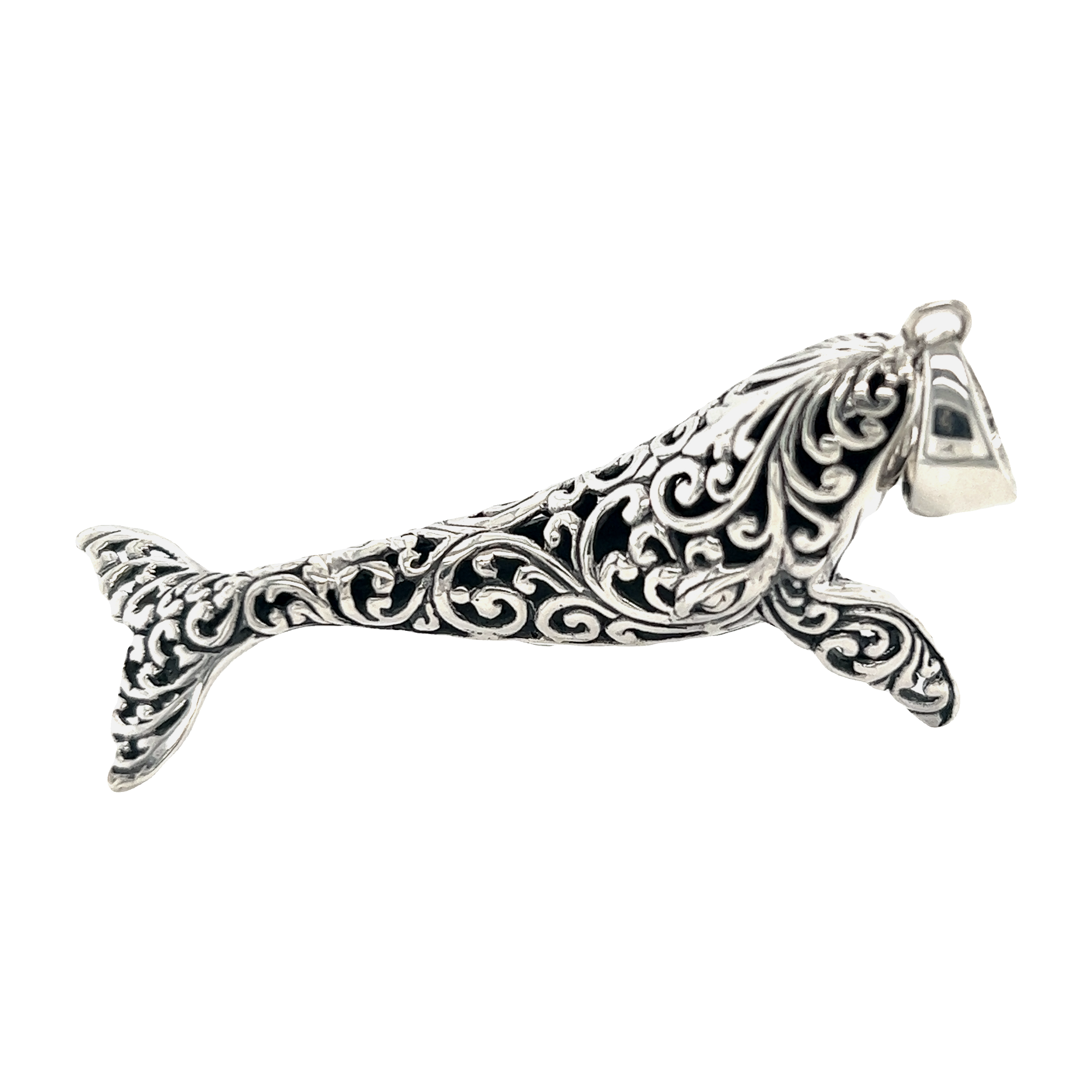 An ornate Super Silver Magnificent Filigree Whale Pendant on a white background.