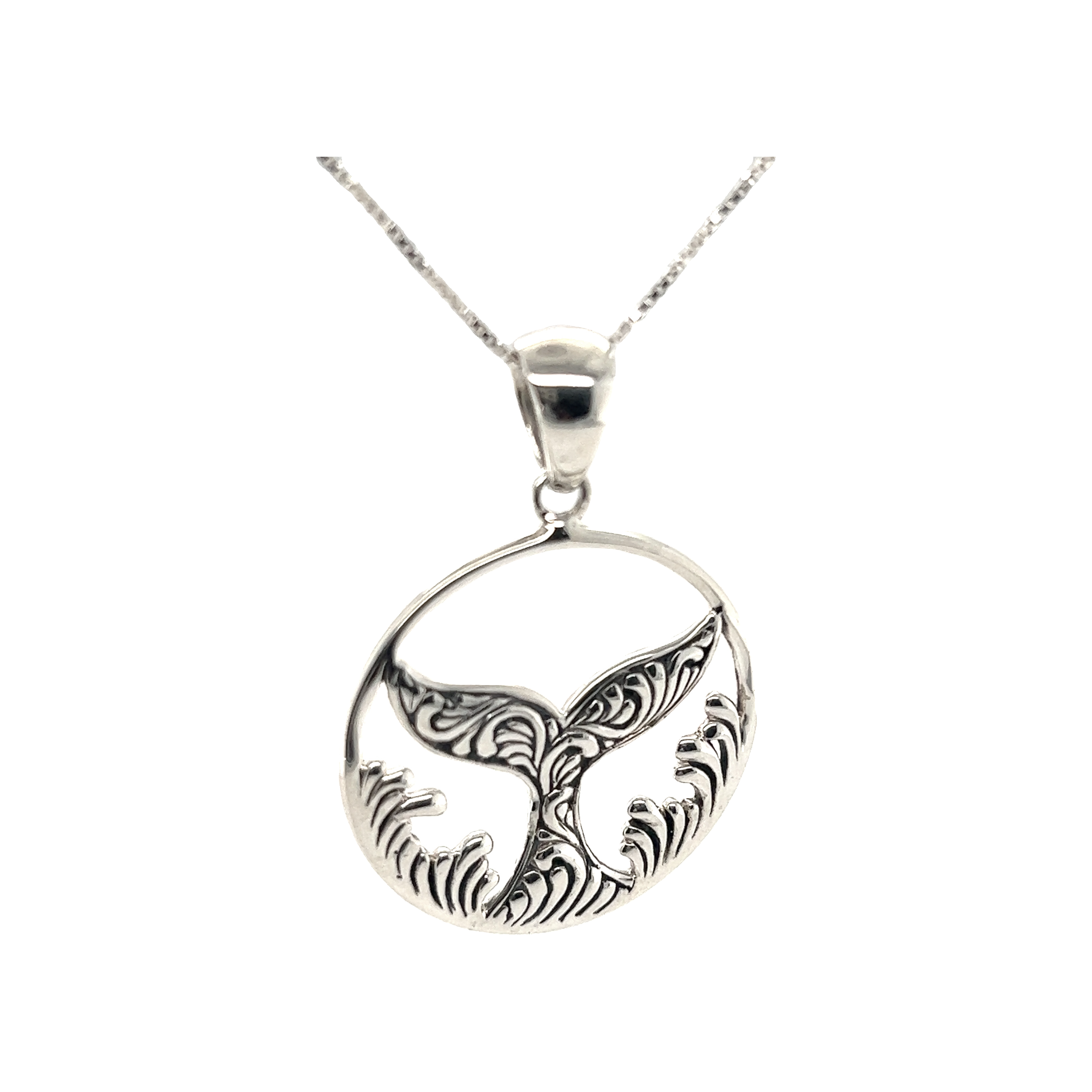 A Dazzling Circular Whale Tail Pendant with a whale tail, reminiscent of the ocean in Santa Cruz by Super Silver.