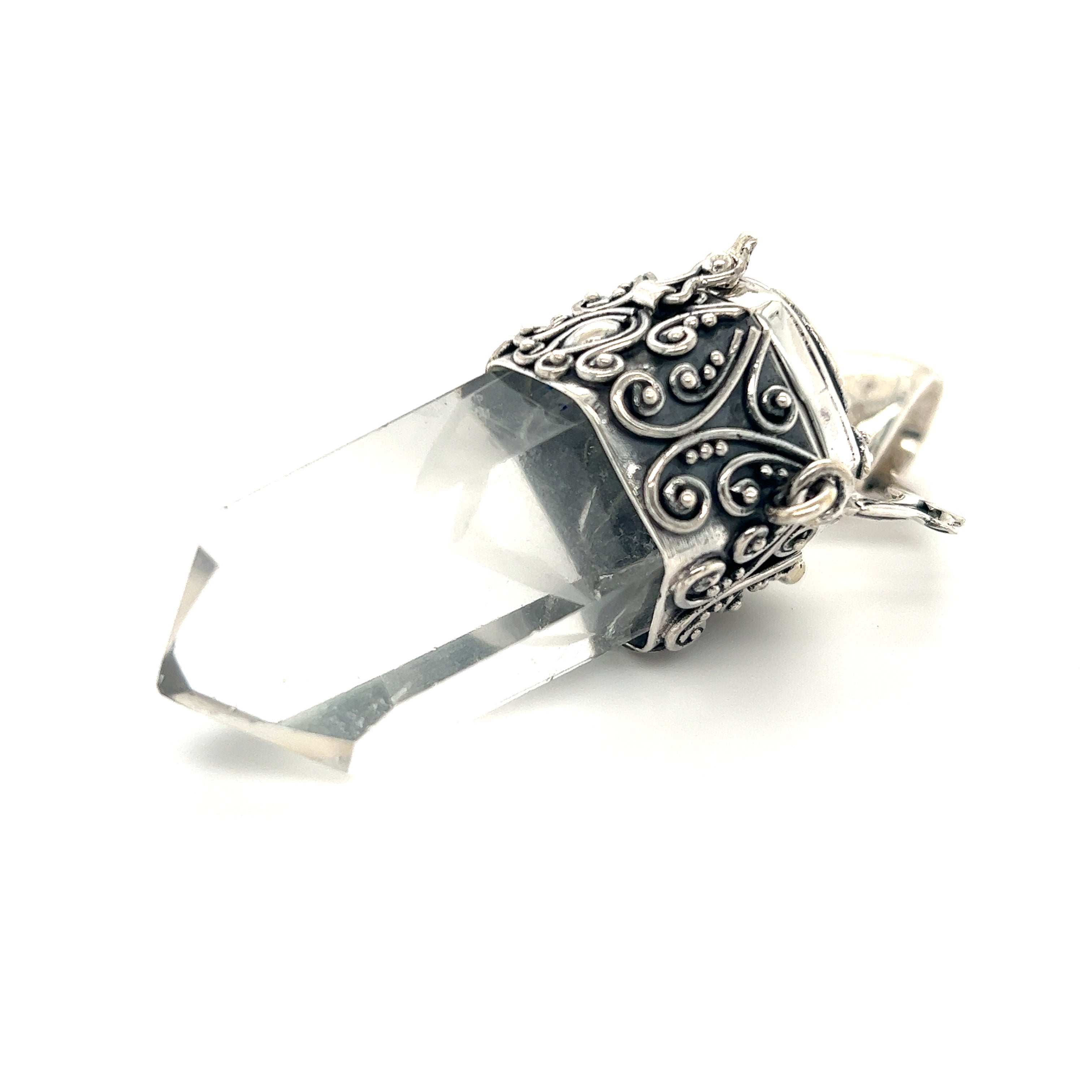 An ornate silver Phantom Crystal Poison Necklace featuring a clear quartz stone, making it a stunning statement piece in our Super Silver jewelry line.